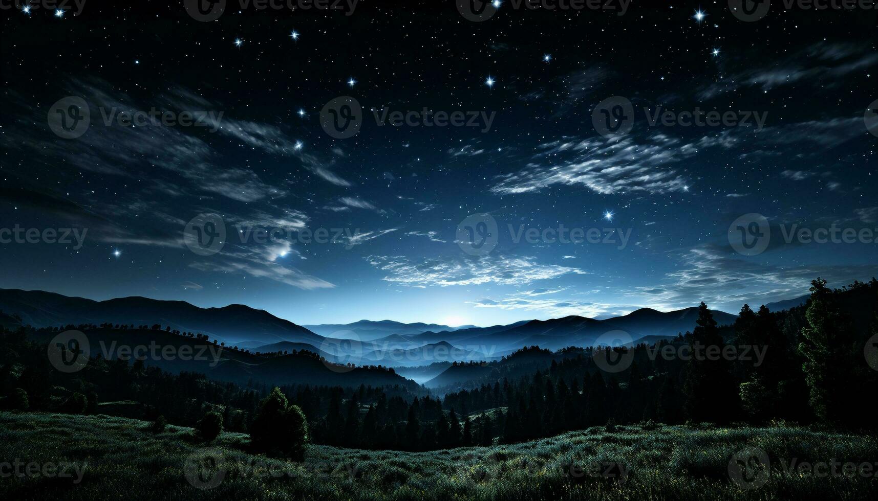 AI generated Majestic mountain peak silhouettes against a star filled night sky generated by AI photo