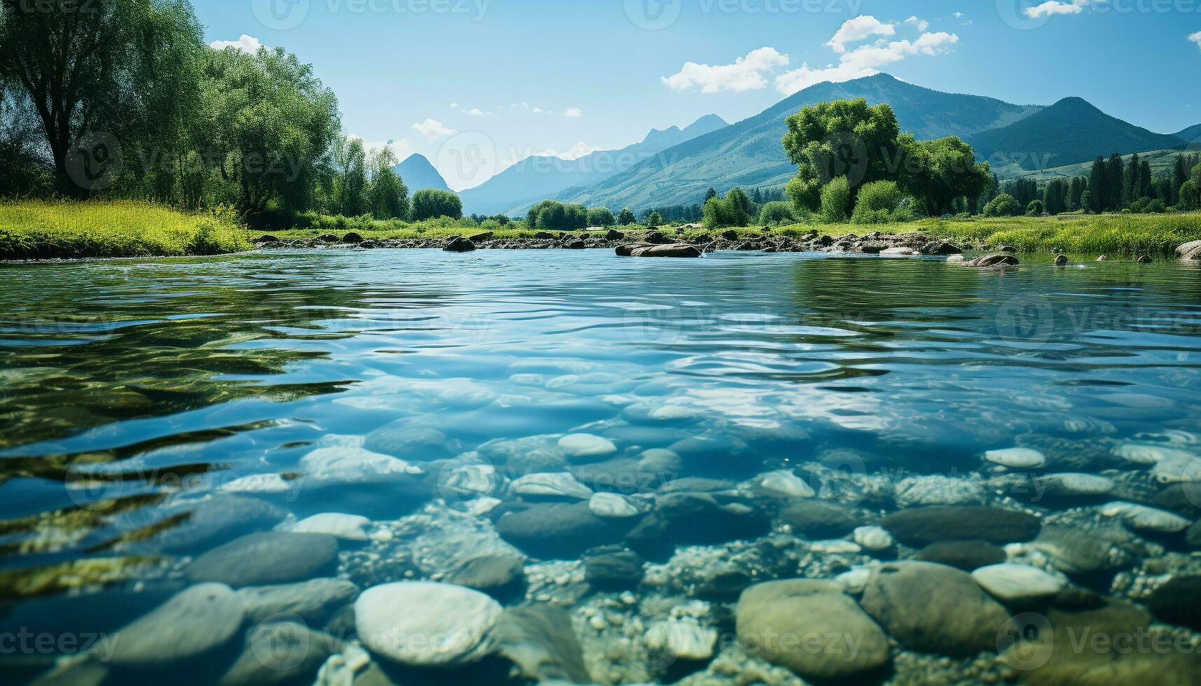 AI generated Tranquil scene mountain peak reflects in transparent pond, nature beauty generated by AI photo