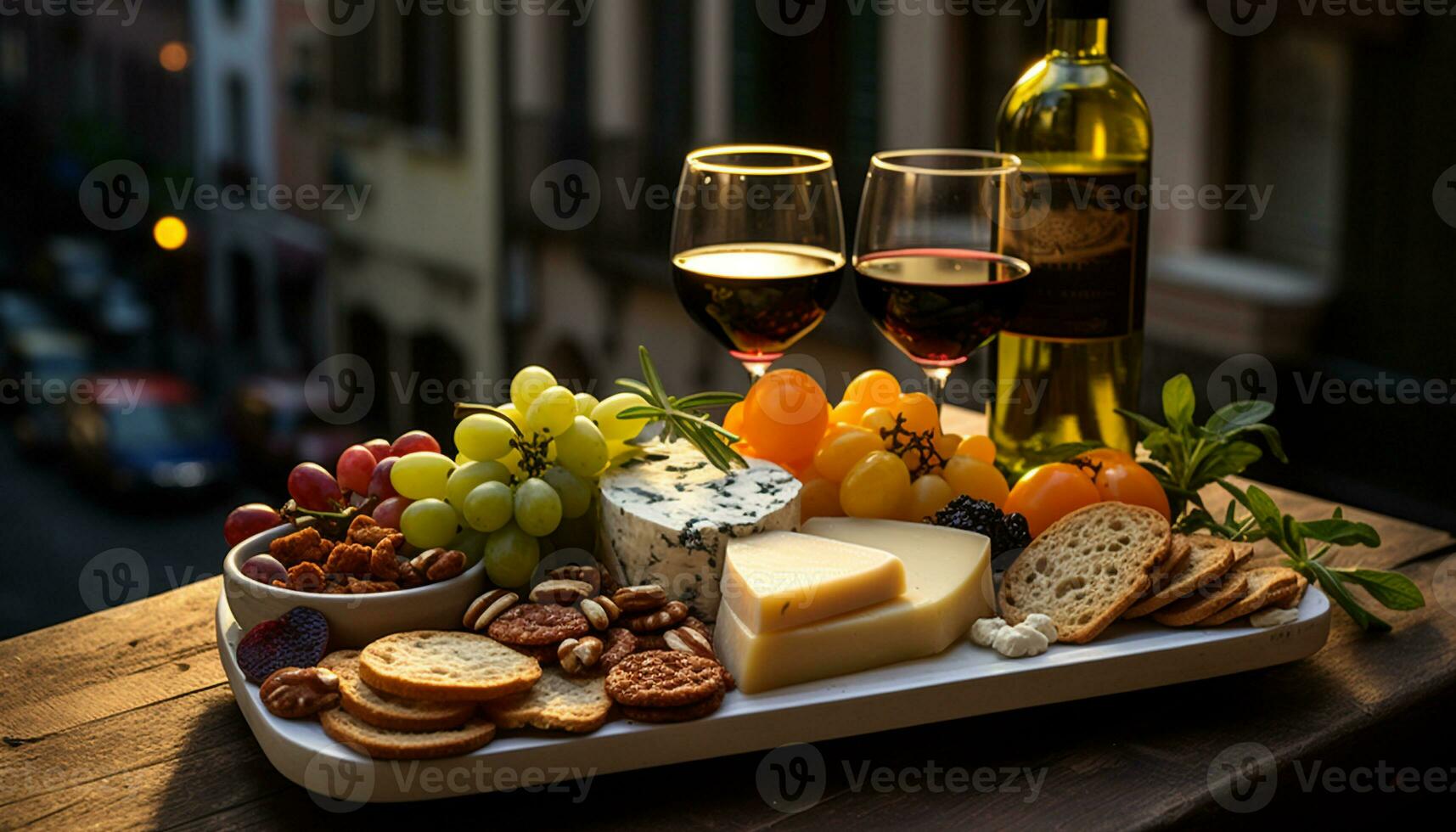 AI generated A gourmet picnic wine, bread, fruit, cheese, prosciutto, nature generated by AI photo