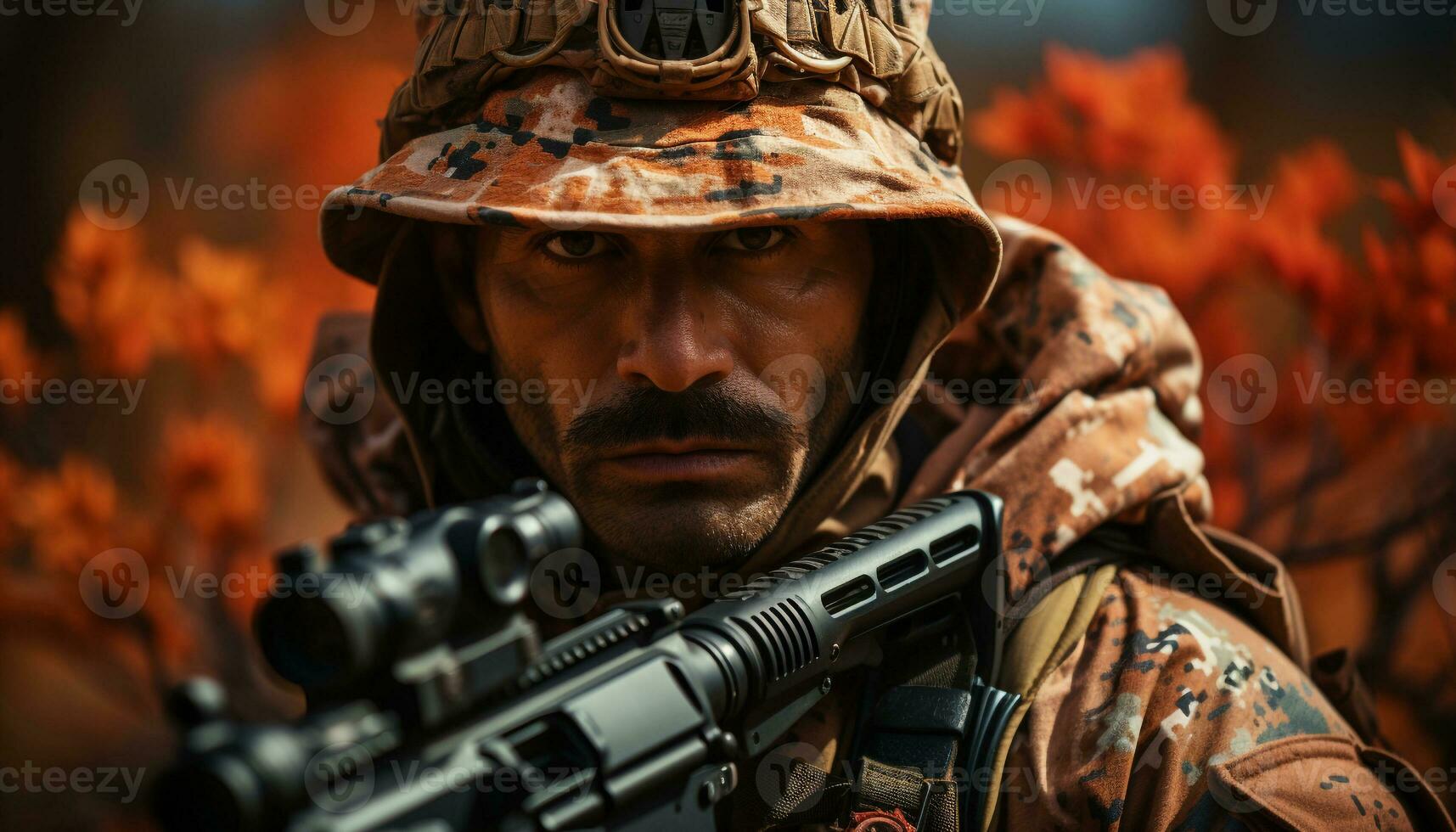 AI generated One army soldier aiming rifle, looking at camera in forest generated by AI photo