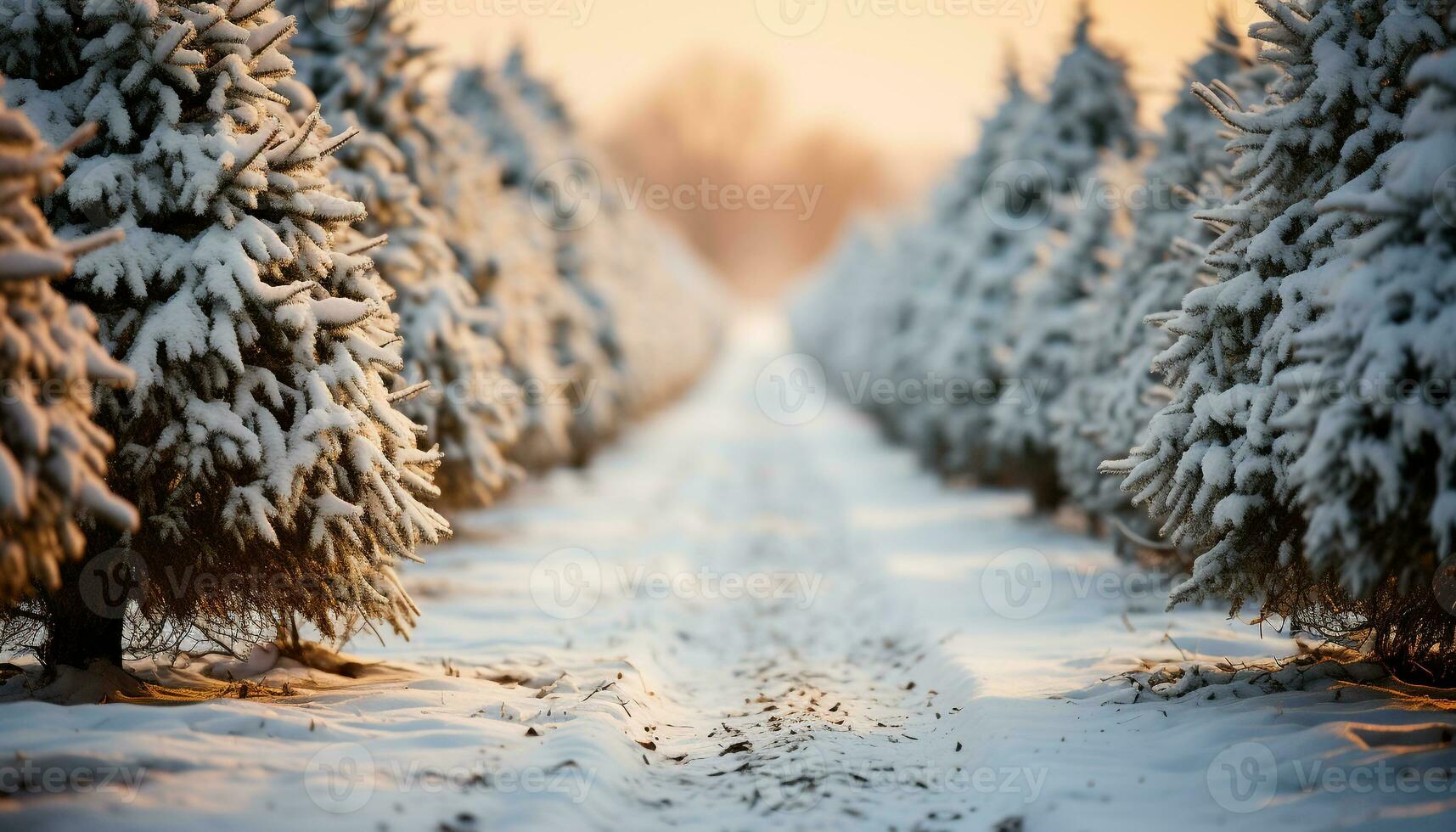 AI generated Snow covered pine trees create a tranquil winter landscape generated by AI photo