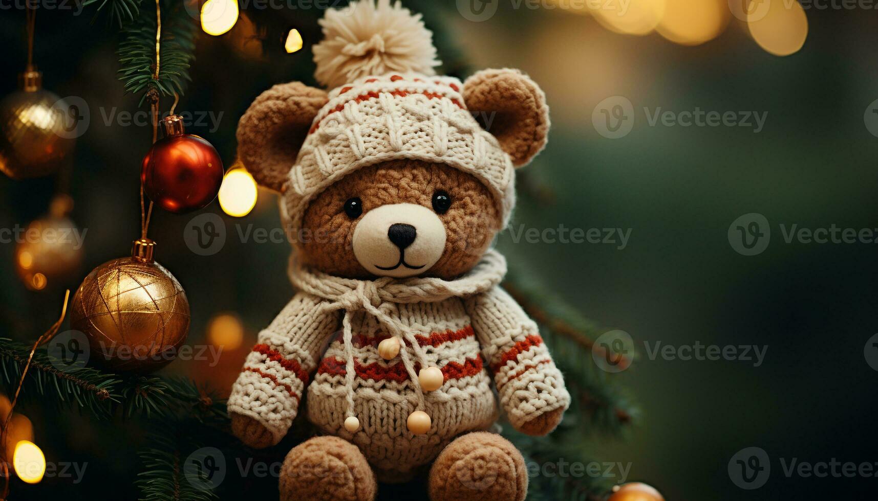 AI generated Cute teddy bear on snow covered tree, winter celebration gift generated by AI photo