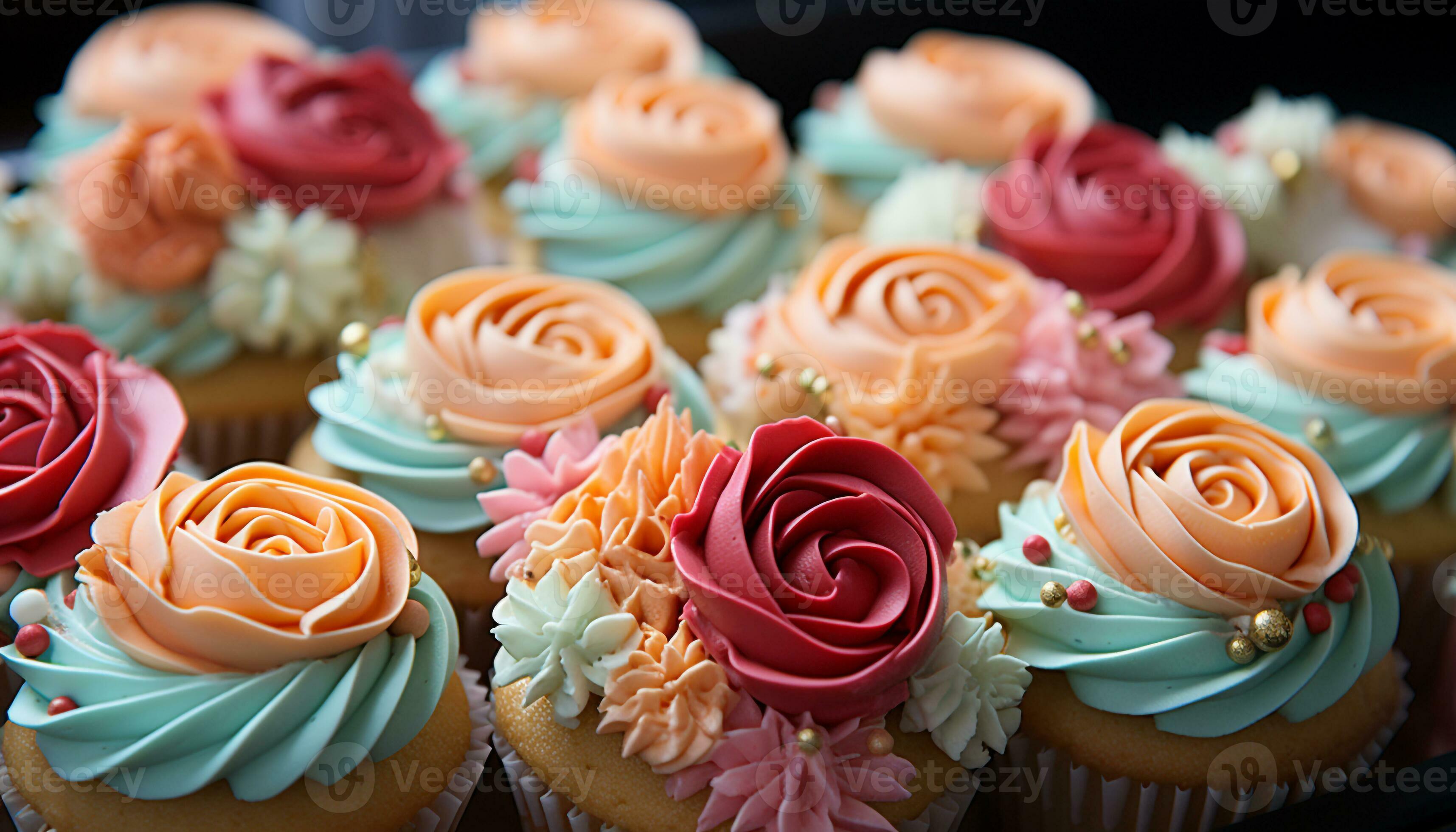 AI generated Gourmet cupcakes, sweet decorations, multi colored icing