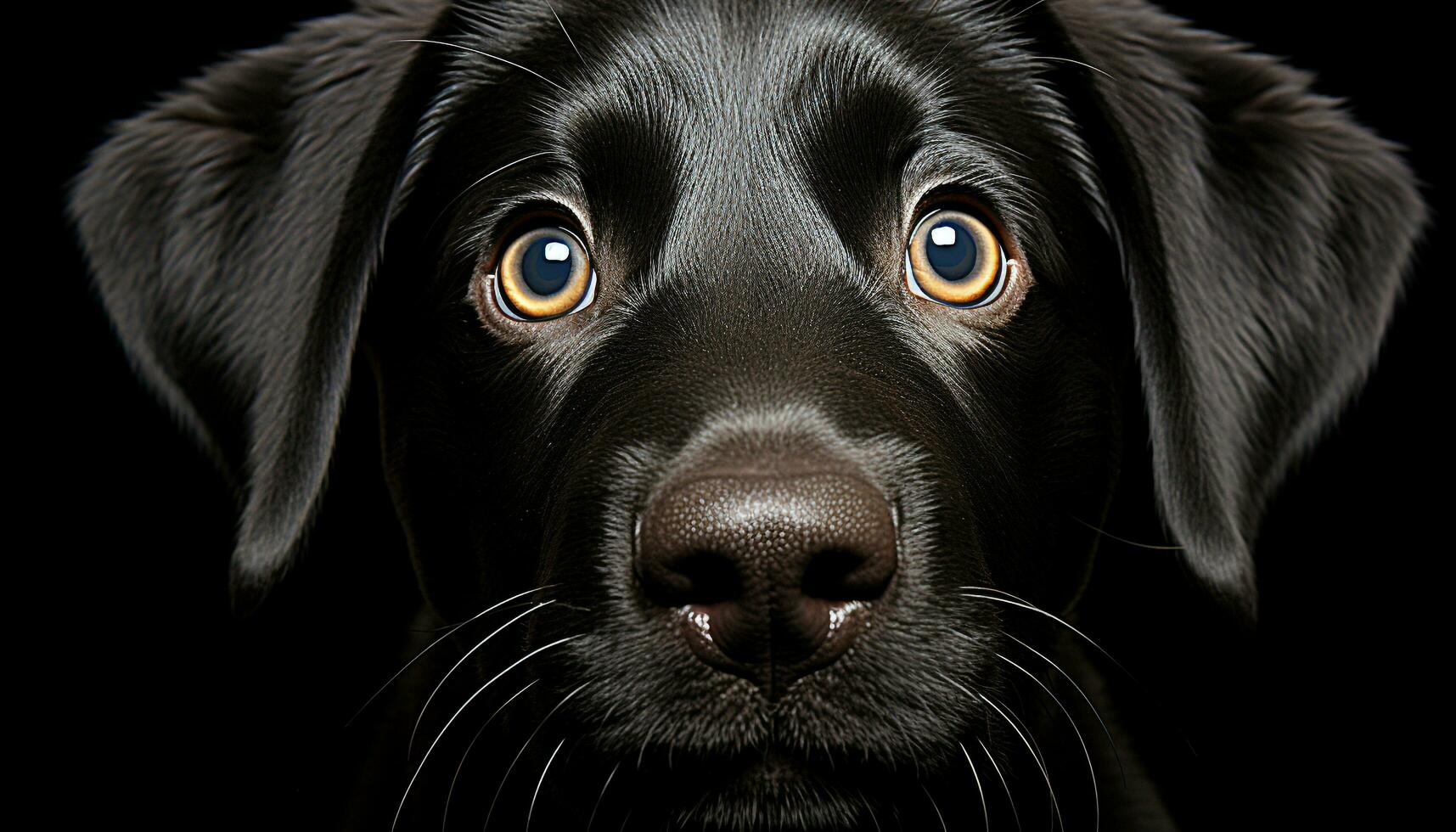AI generated Cute puppy sitting, looking at camera, black background, fluffy fur generated by AI photo