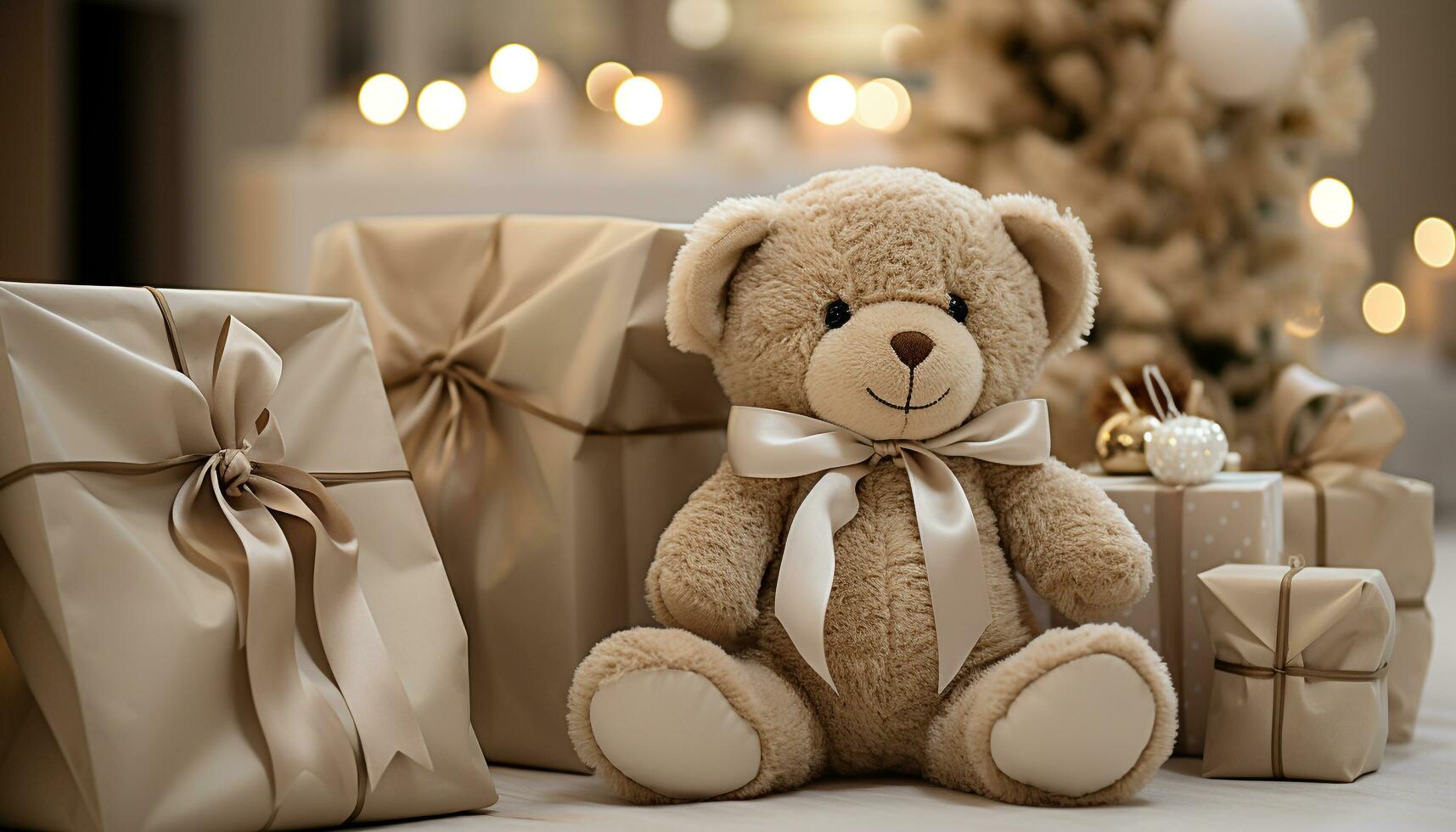AI generated A cute teddy bear sits by the decorated Christmas tree generated by AI photo
