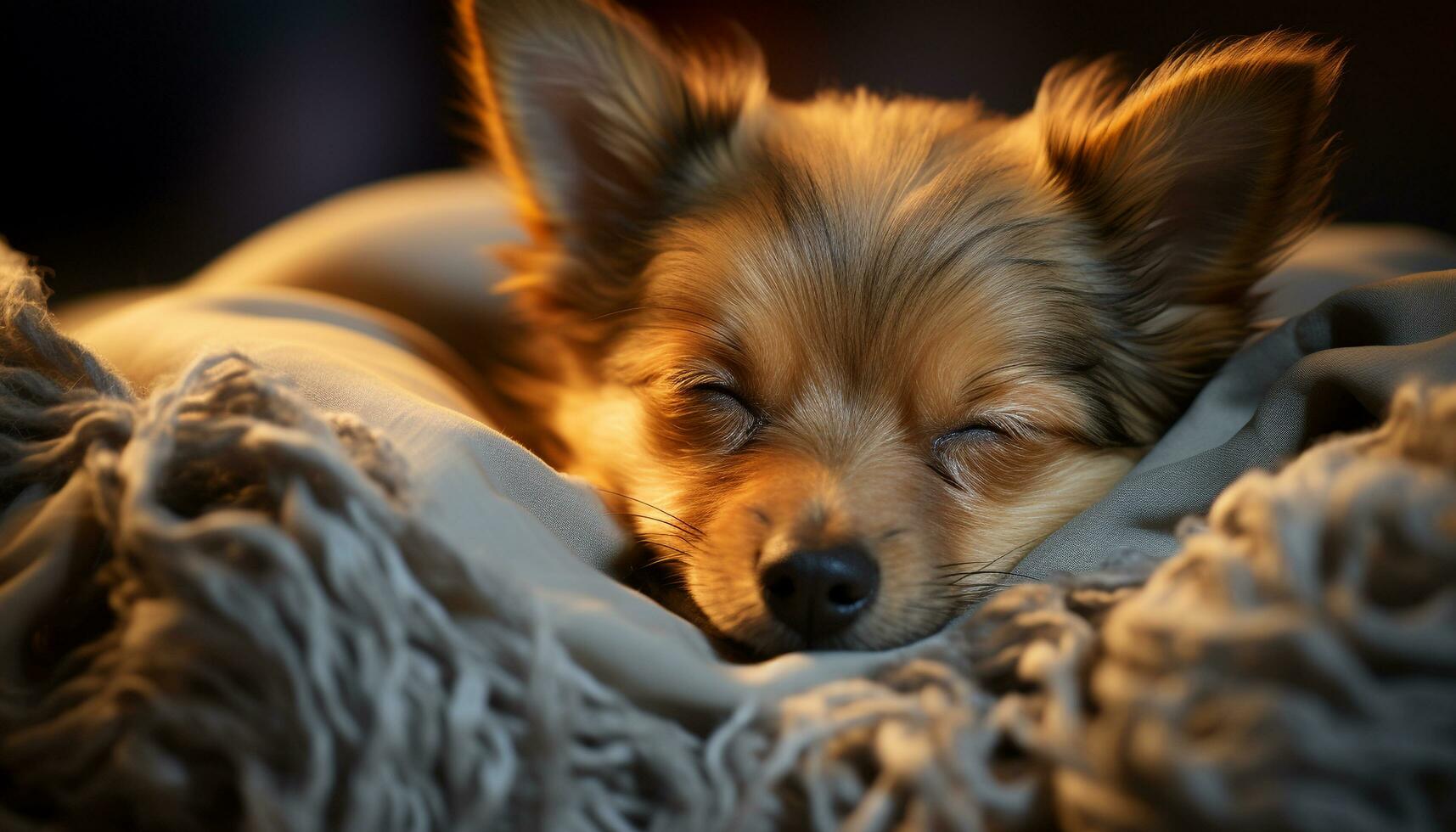 AI generated Cute puppy sleeping, fluffy fur, small dog, comfortable indoors generated by AI photo