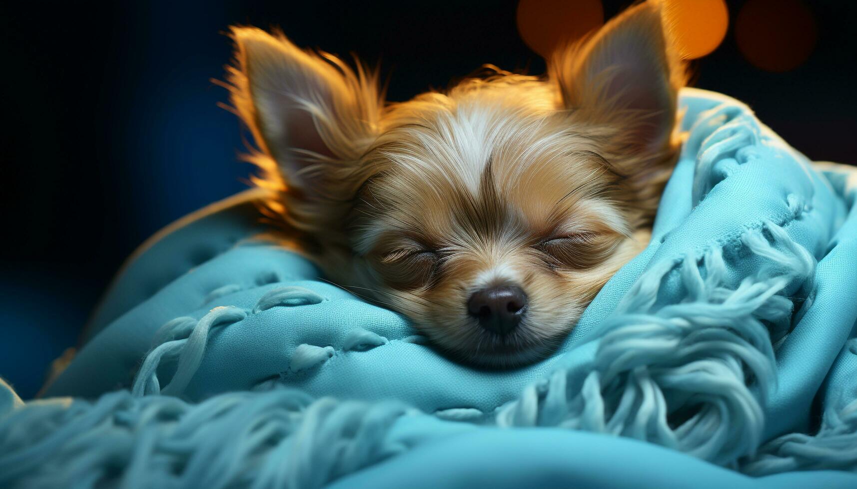 AI generated Cute puppy sleeping, small and fluffy, indoors on blue bed generated by AI photo