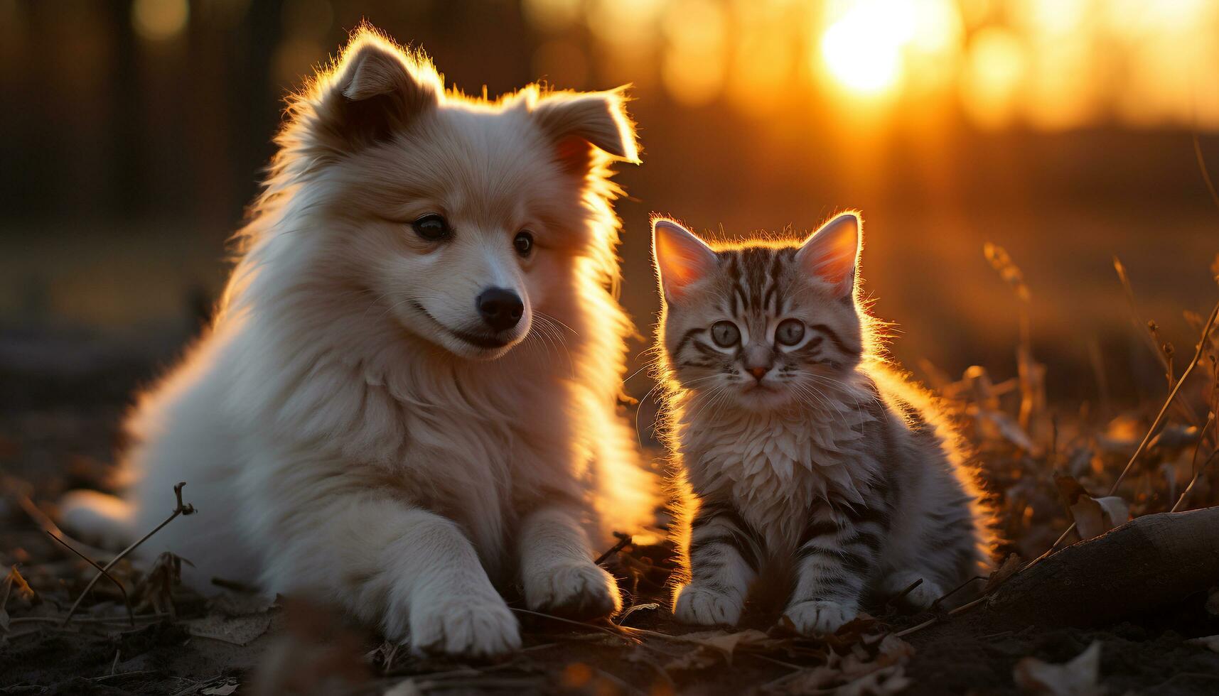 ai generado linda perrito y gatito jugando en el césped a puesta de sol generado por ai foto