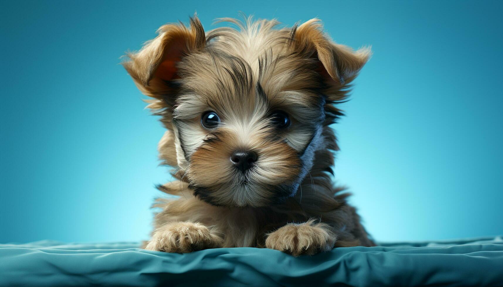 AI generated Cute puppy sitting, looking at camera, fluffy fur, blue background generated by AI photo
