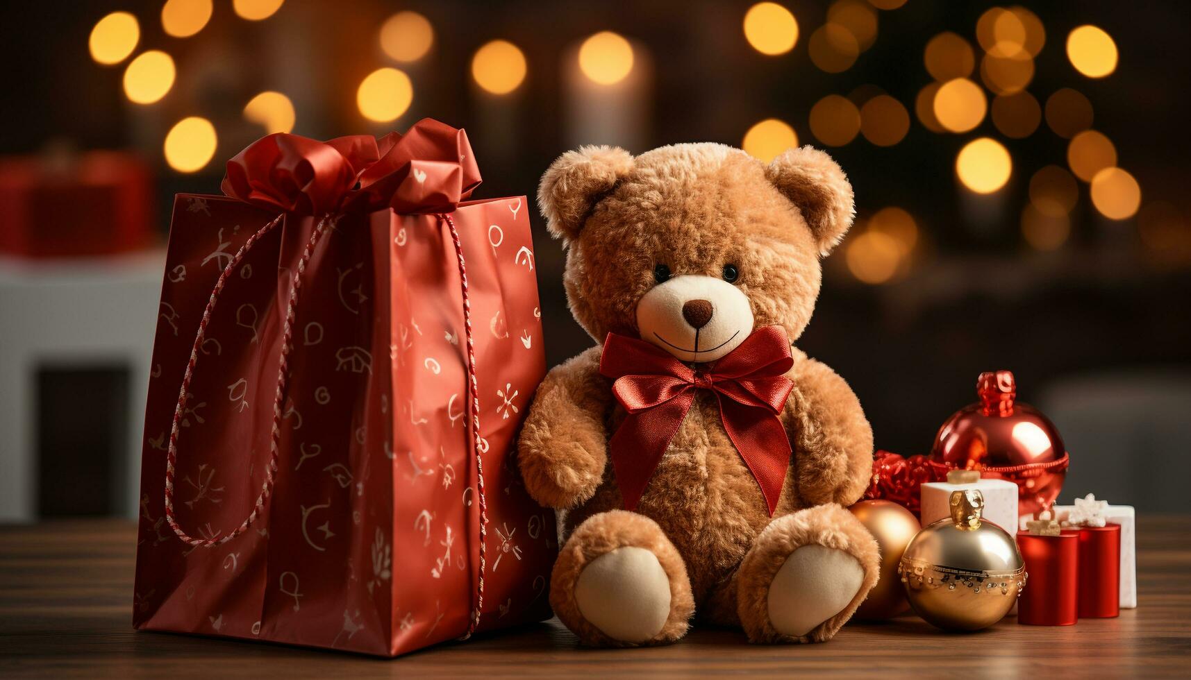 AI generated Cute teddy bear sits under bright Christmas lights, bringing joy generated by AI photo