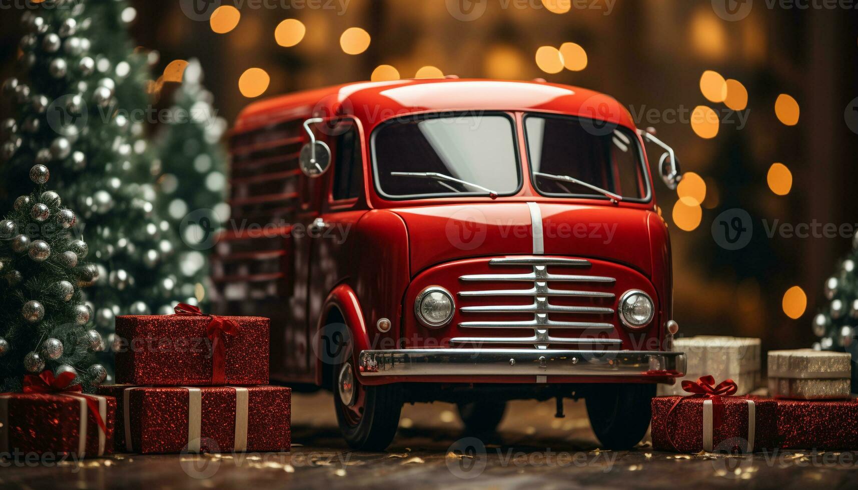 AI generated Christmas tree illuminated with shiny Christmas lights, gift box wrapped in snowflake decorated wrapping paper, delivering joy generated by AI photo