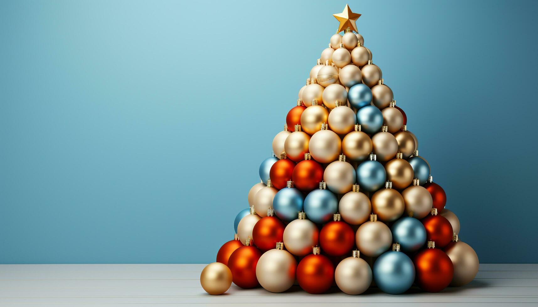 AI generated Christmas tree decorated with shiny blue and gold ornaments generated by AI photo