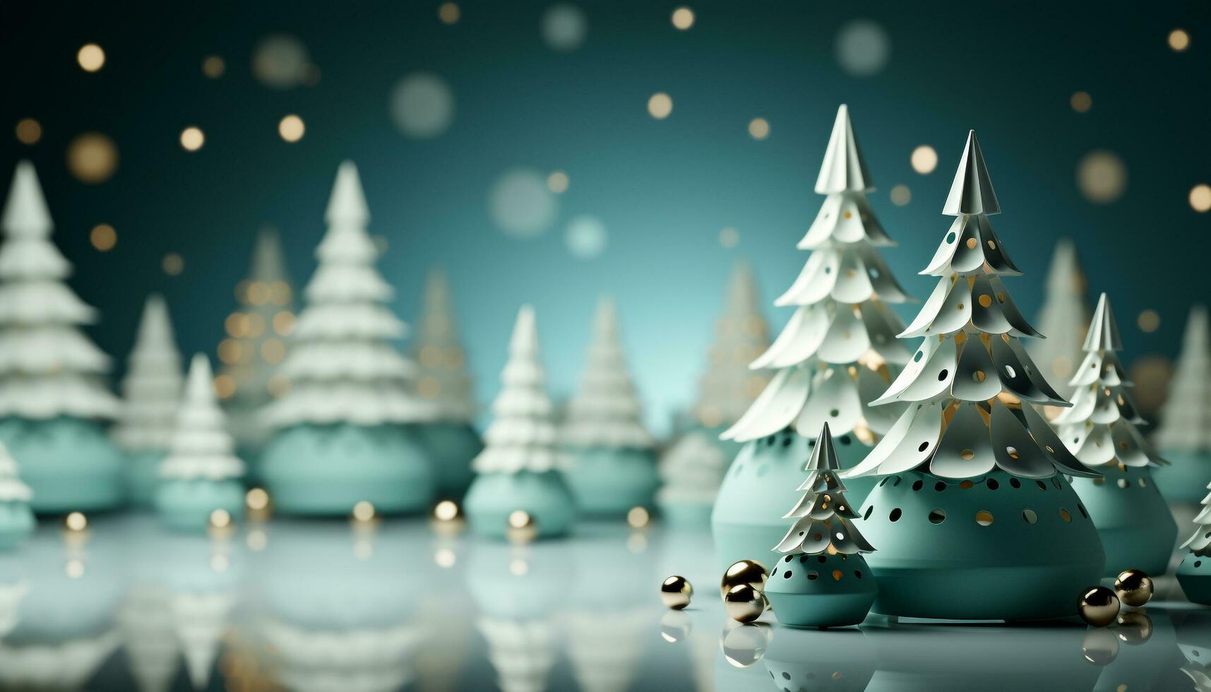 AI generated Winter celebration snow covered tree, glowing Christmas lights, golden decorations generated by AI photo
