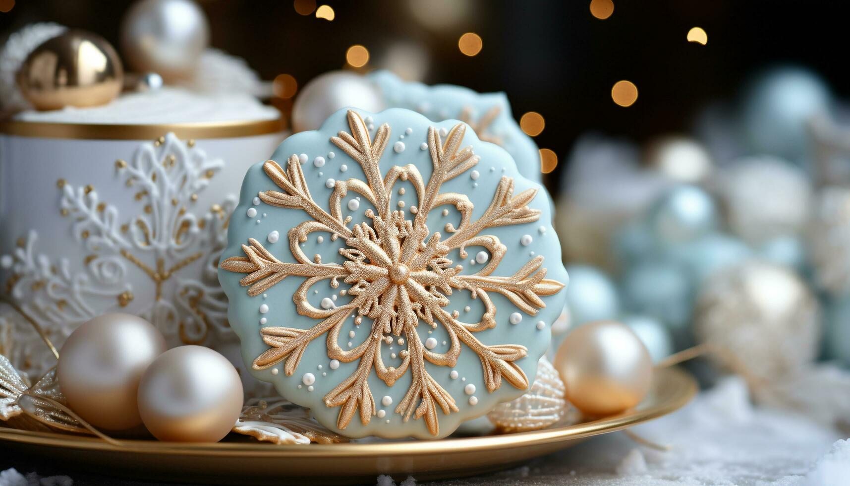 AI generated Homemade chocolate dessert decorating table with glowing Christmas lights generated by AI photo