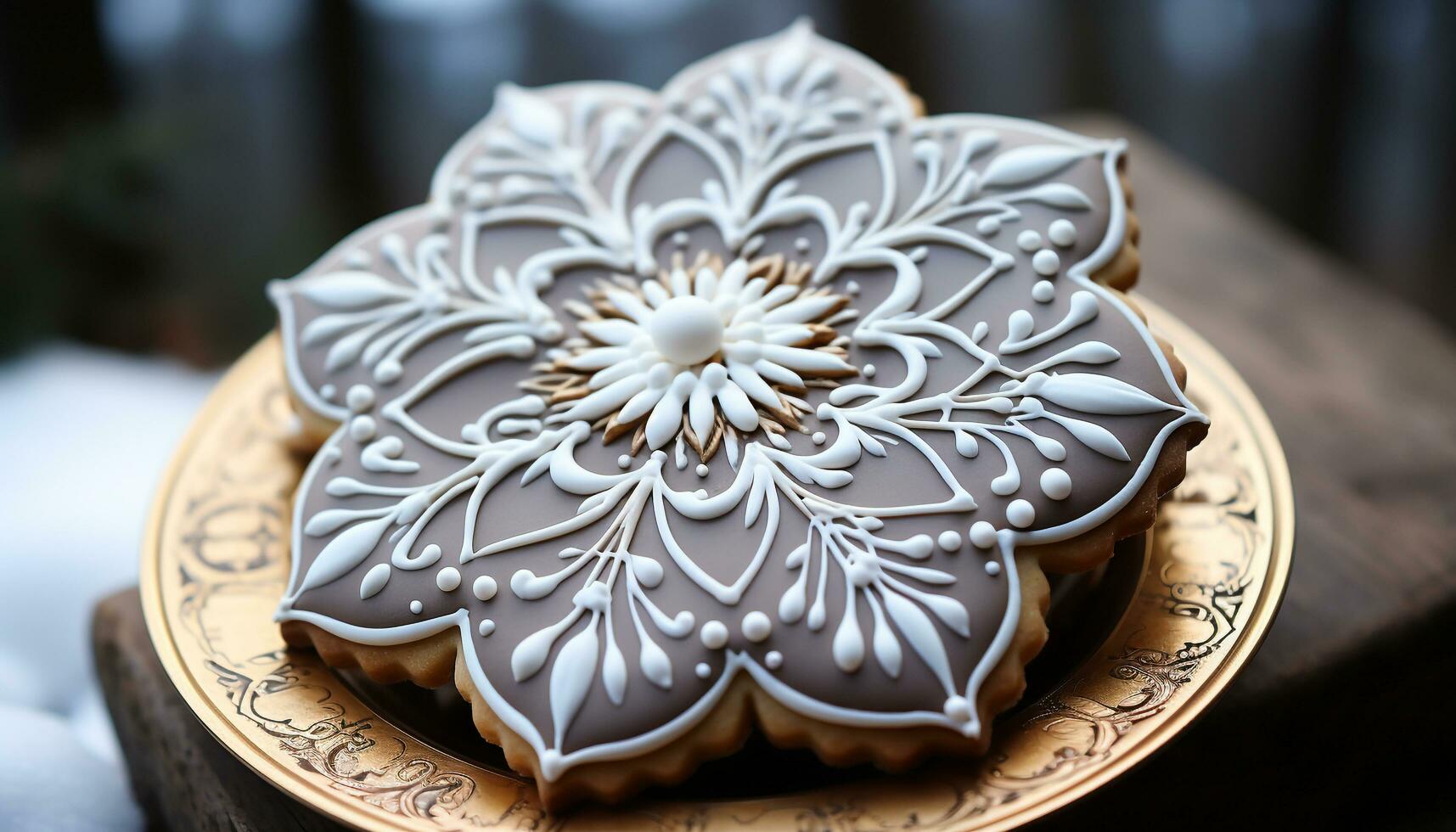 AI generated Homemade chocolate snowflake cookie on elegant wood table generated by AI photo