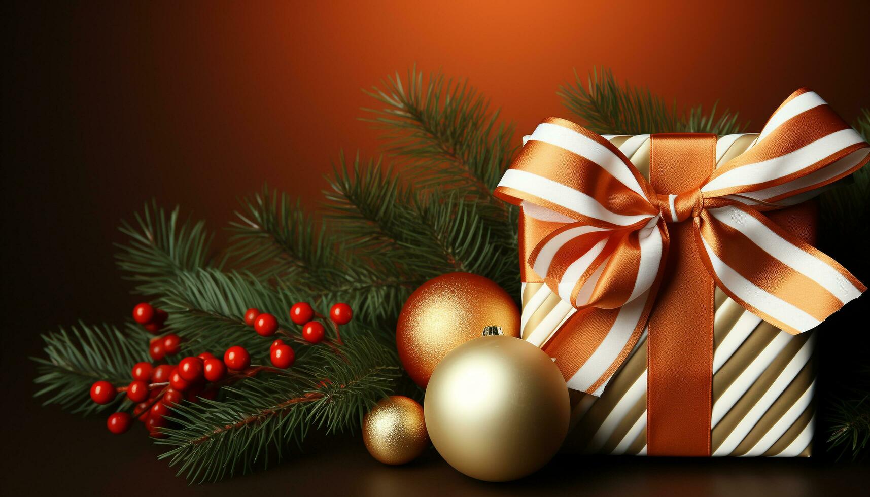AI generated Winter celebration gift box, shiny ornament, decorated fir tree generated by AI photo