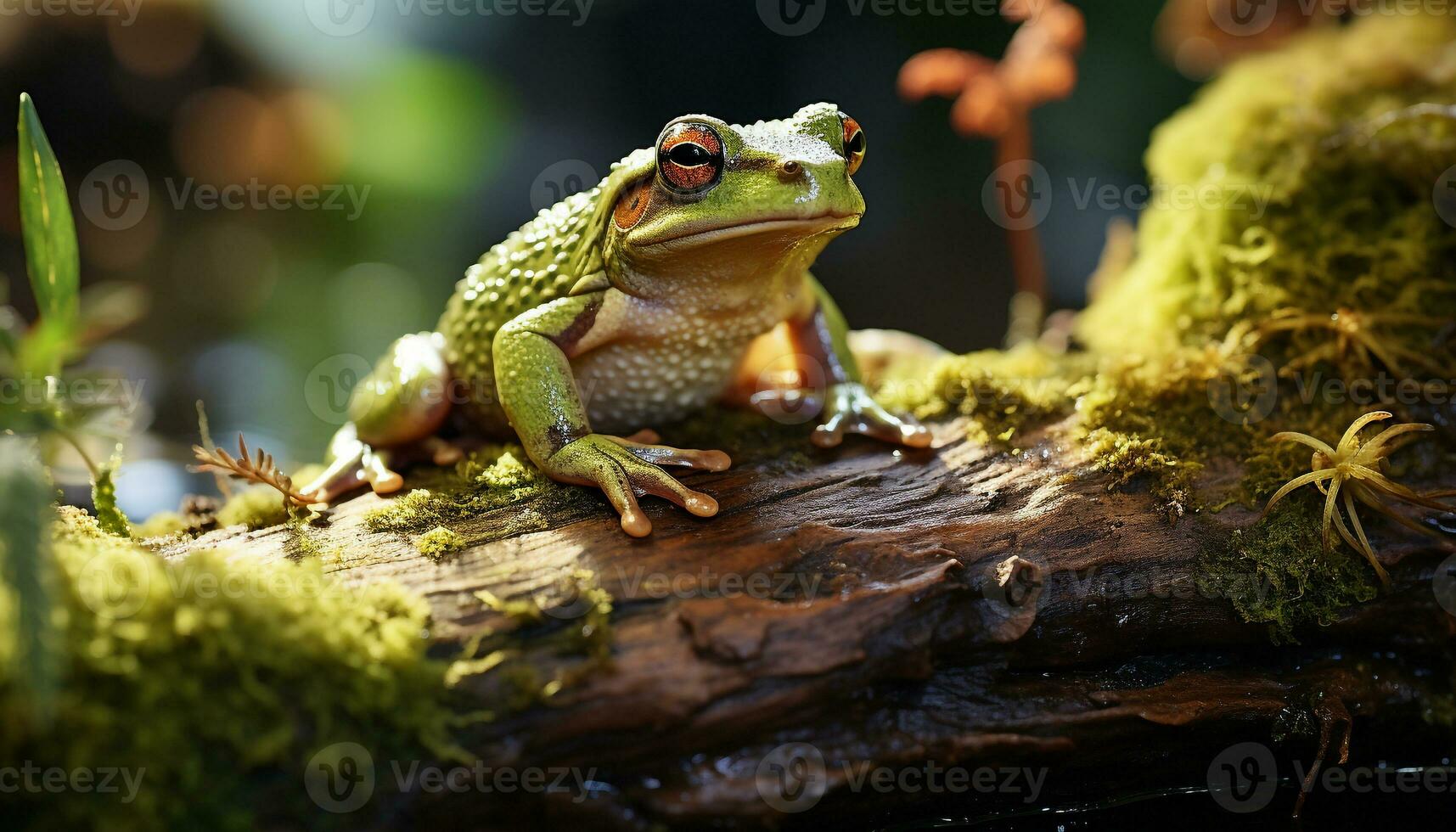 AI generated A cute toad sitting on a wet branch in the forest generated by AI photo