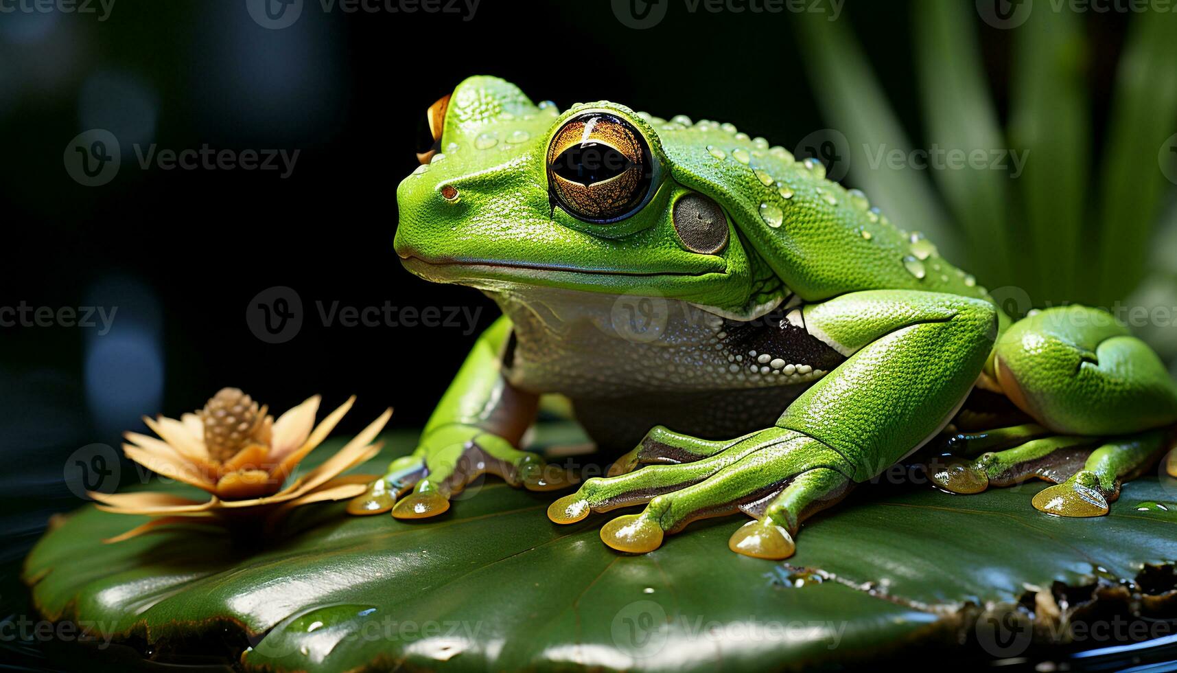 AI generated Red eyed tree frog sitting on wet leaf, looking at camera generated by AI photo