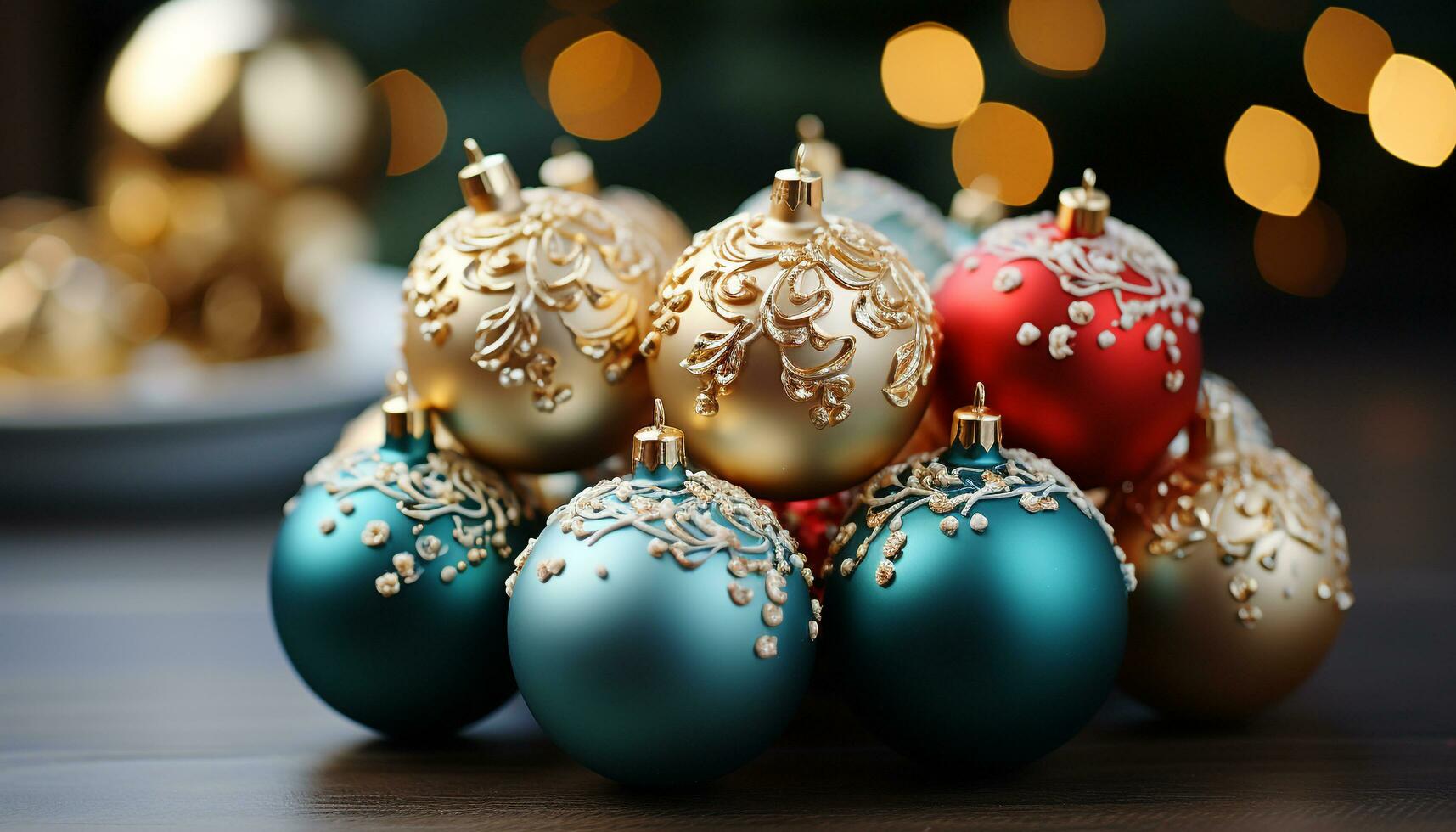 AI generated Glowing gold ornament decorates Christmas tree, illuminating winter celebration generated by AI photo