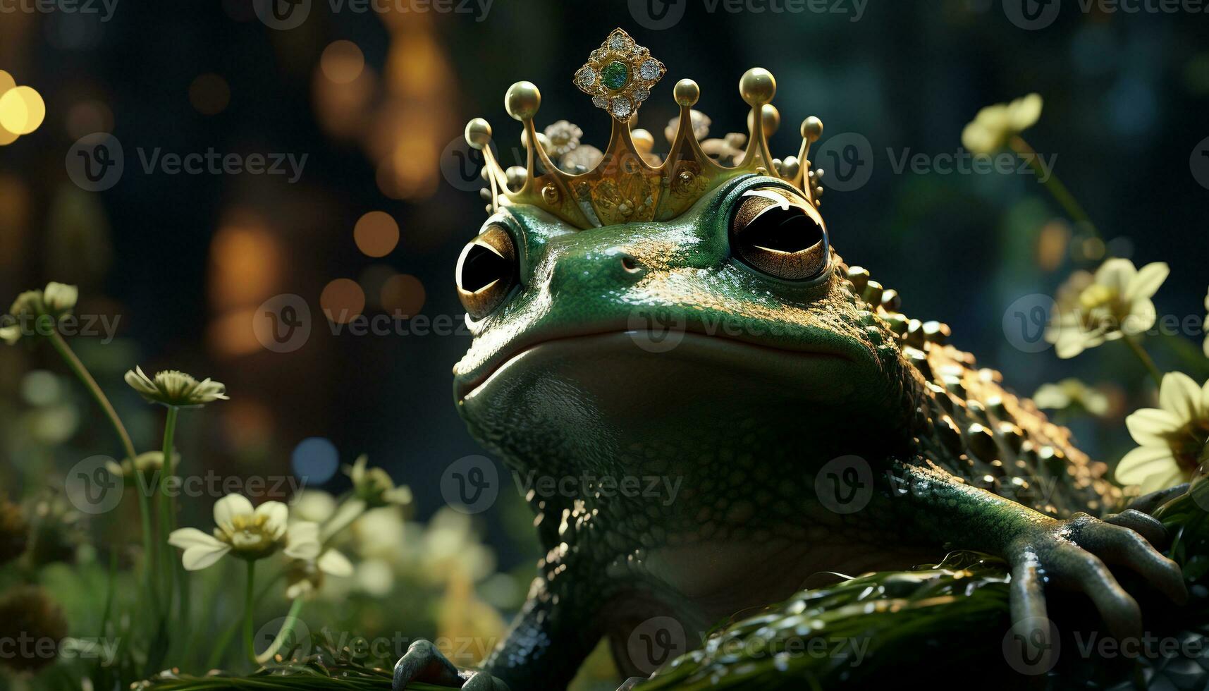 AI generated Cute toad sitting on wet branch, looking at camera generated by AI photo