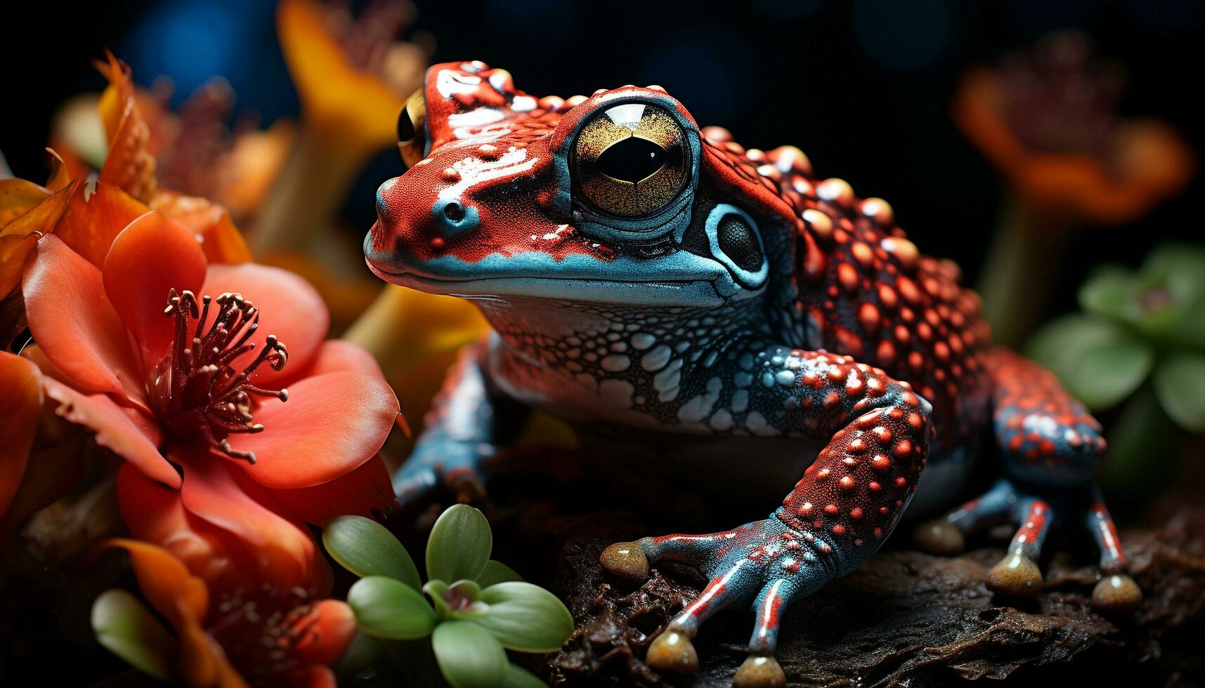 AI generated Cute green toad sitting on wet leaf in tropical forest generated by AI photo