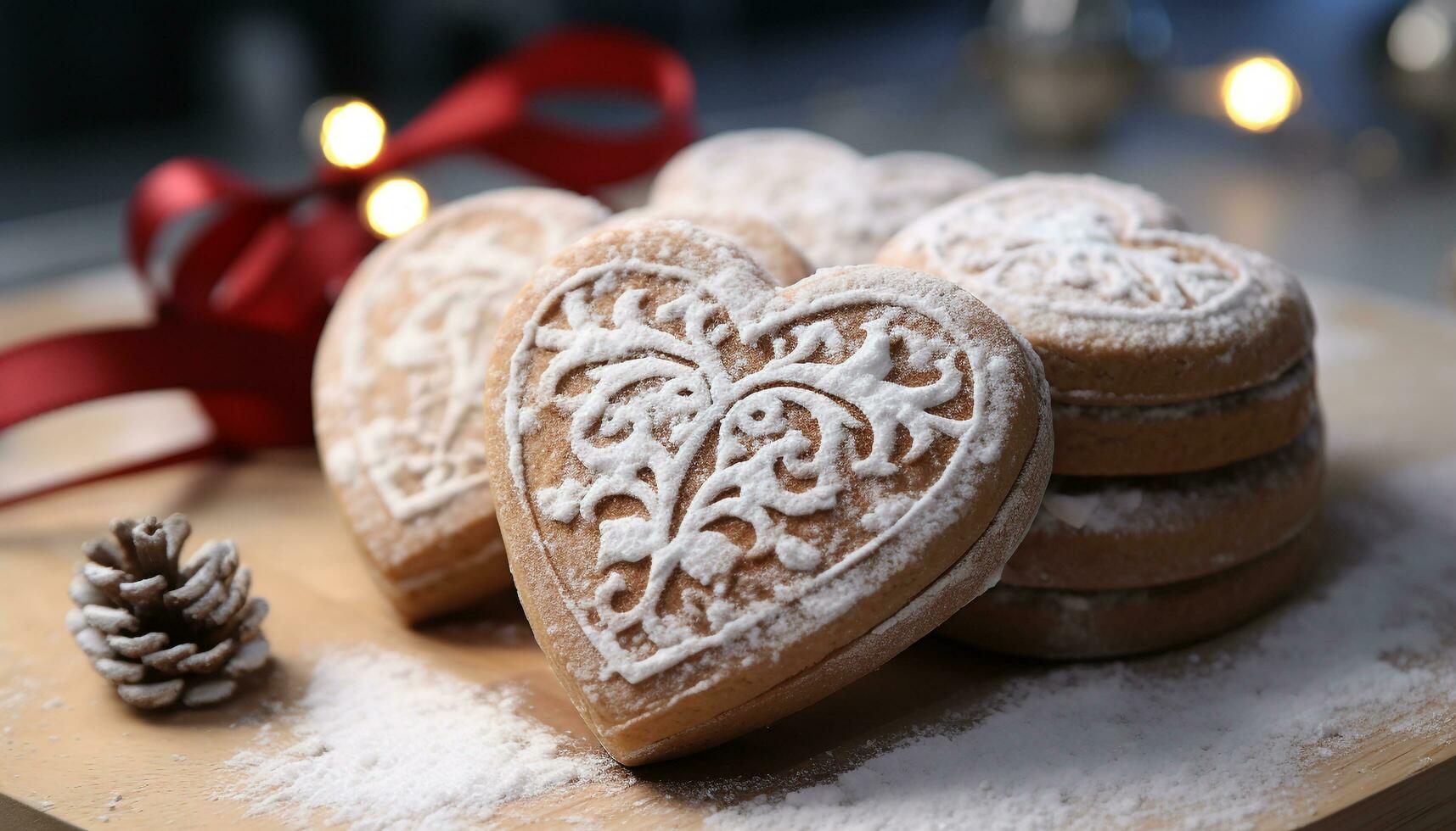 AI generated Homemade heart shaped cookies decorate the winter table with sweetness generated by AI photo