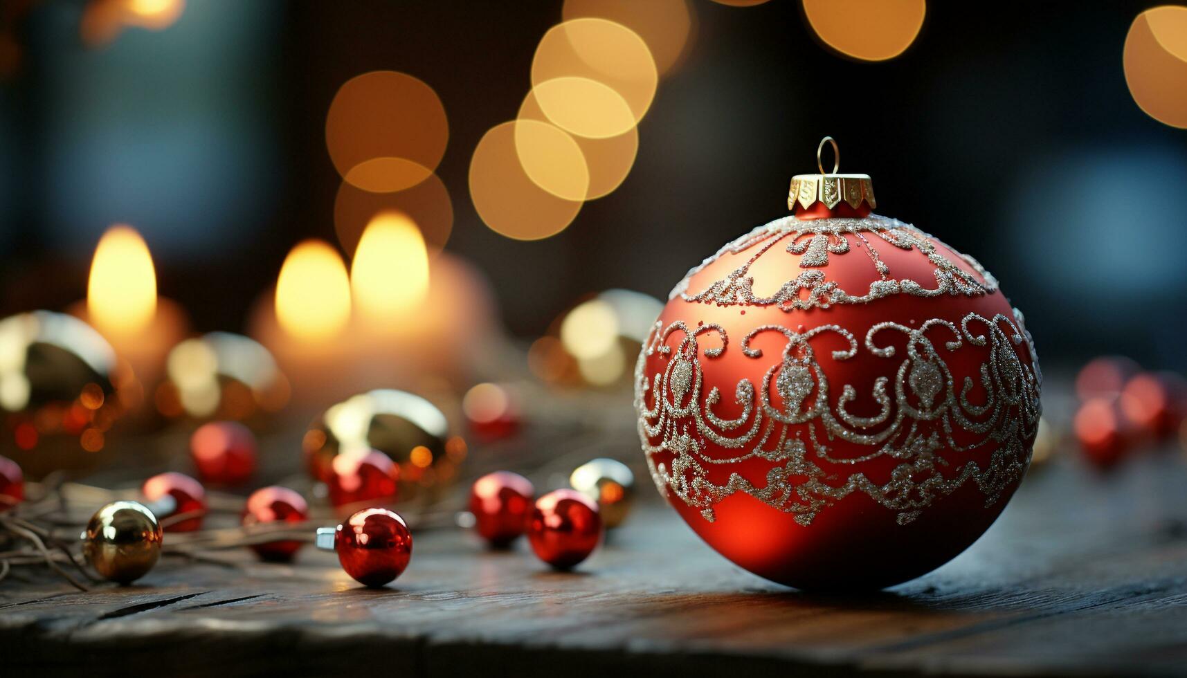 AI generated Cozy winter celebration with glowing Christmas lights and shiny ornaments generated by AI photo
