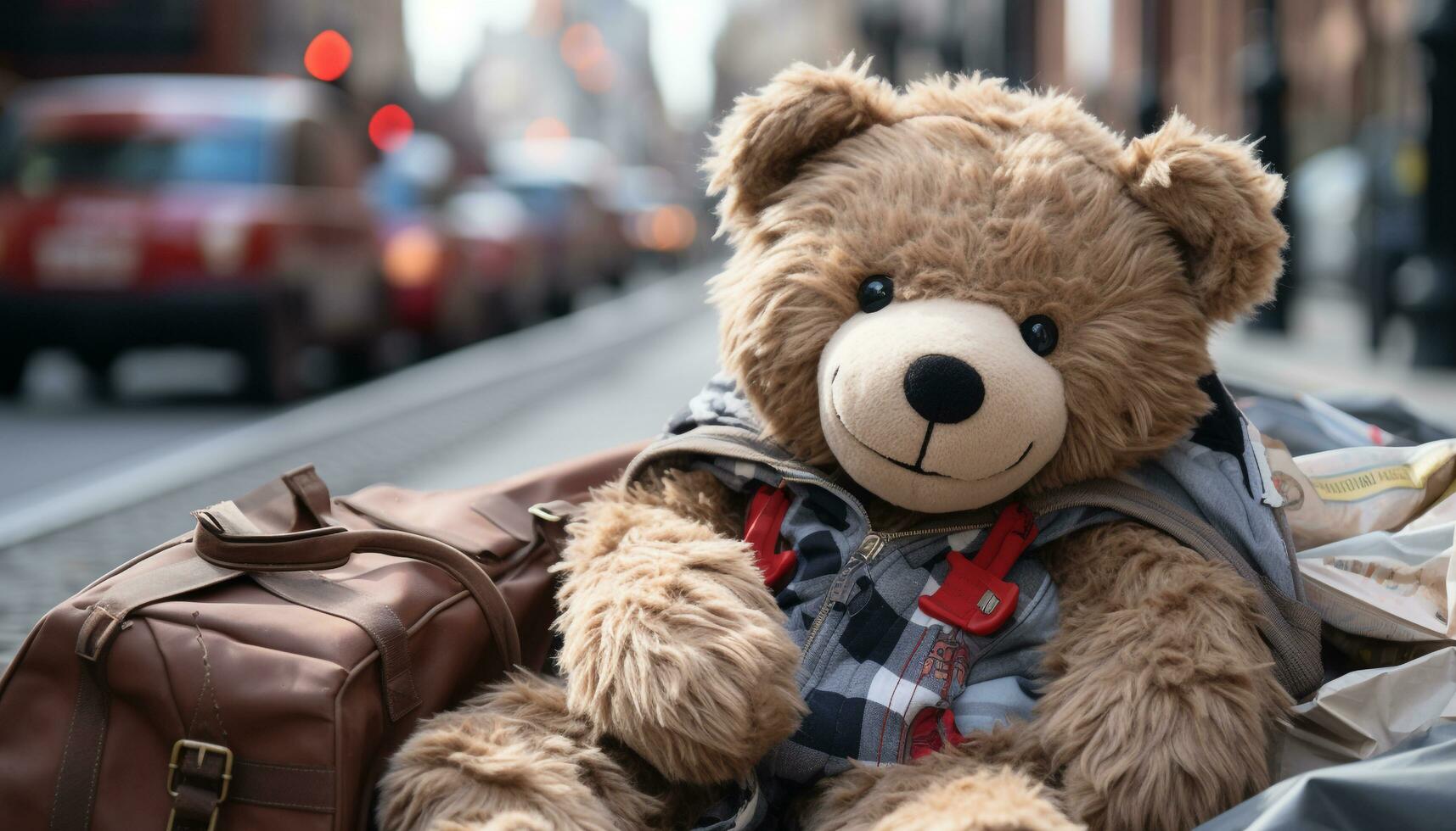 AI generated Cute toy bear sitting outdoors, enjoying winter journey with child generated by AI photo