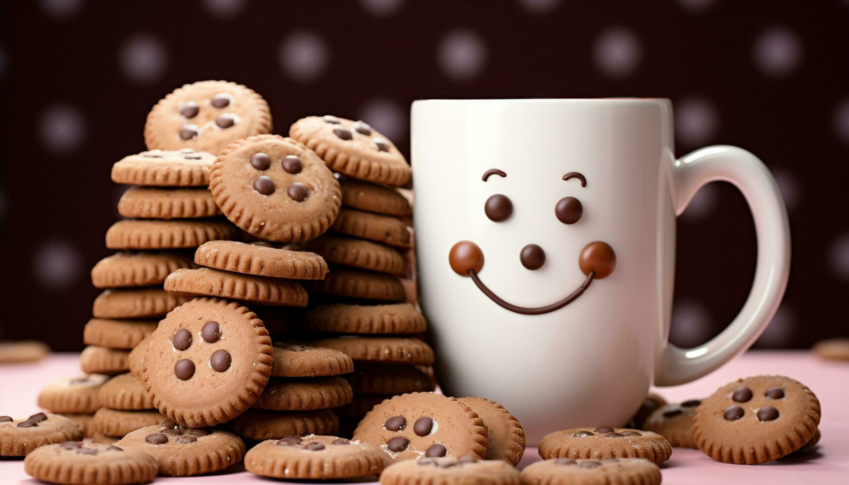 AI generated Homemade chocolate chip cookie stack on wood table, coffee break generated by AI photo