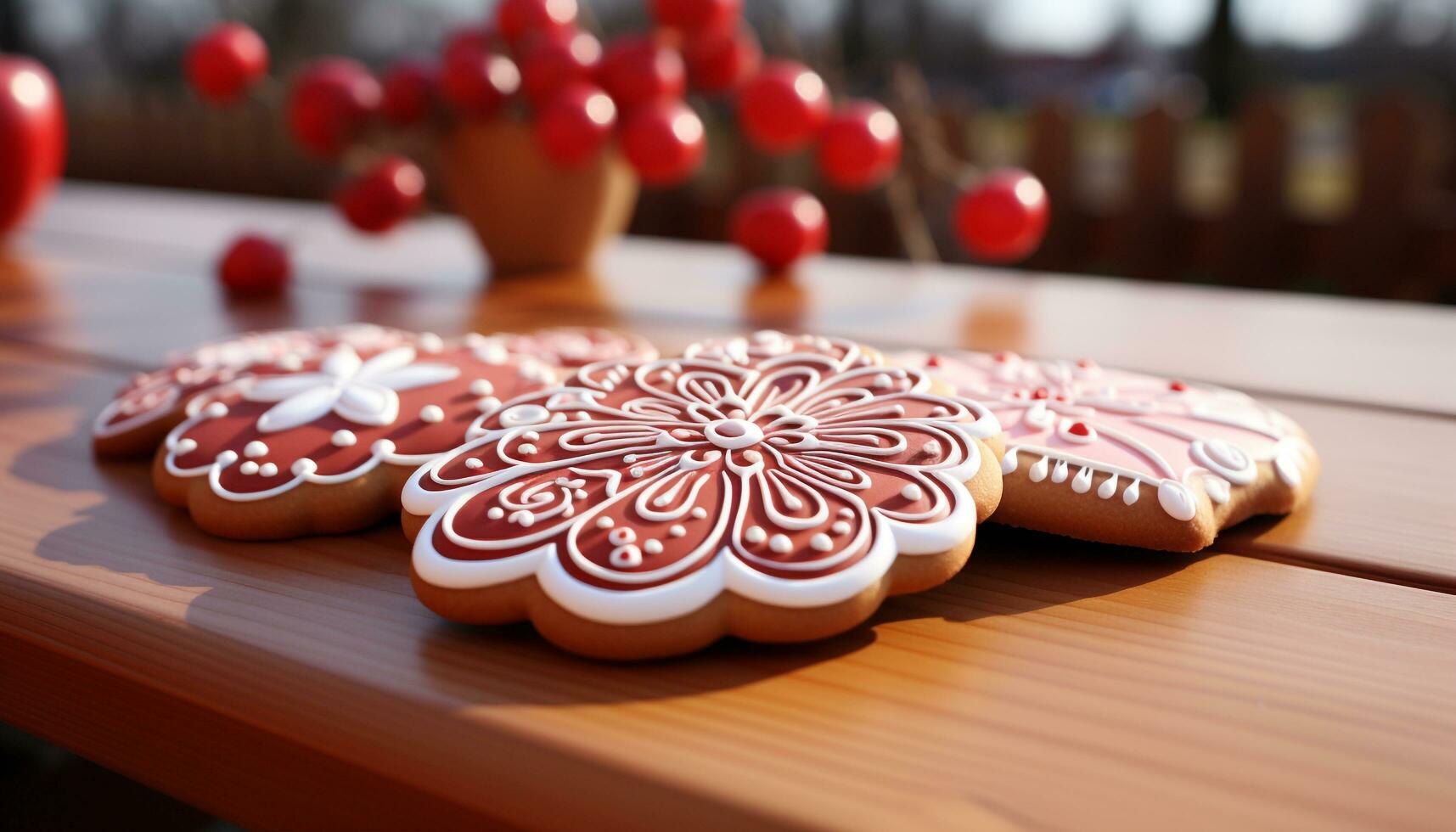 AI generated Homemade dessert sweet snowflake cookie on wooden table generated by AI photo