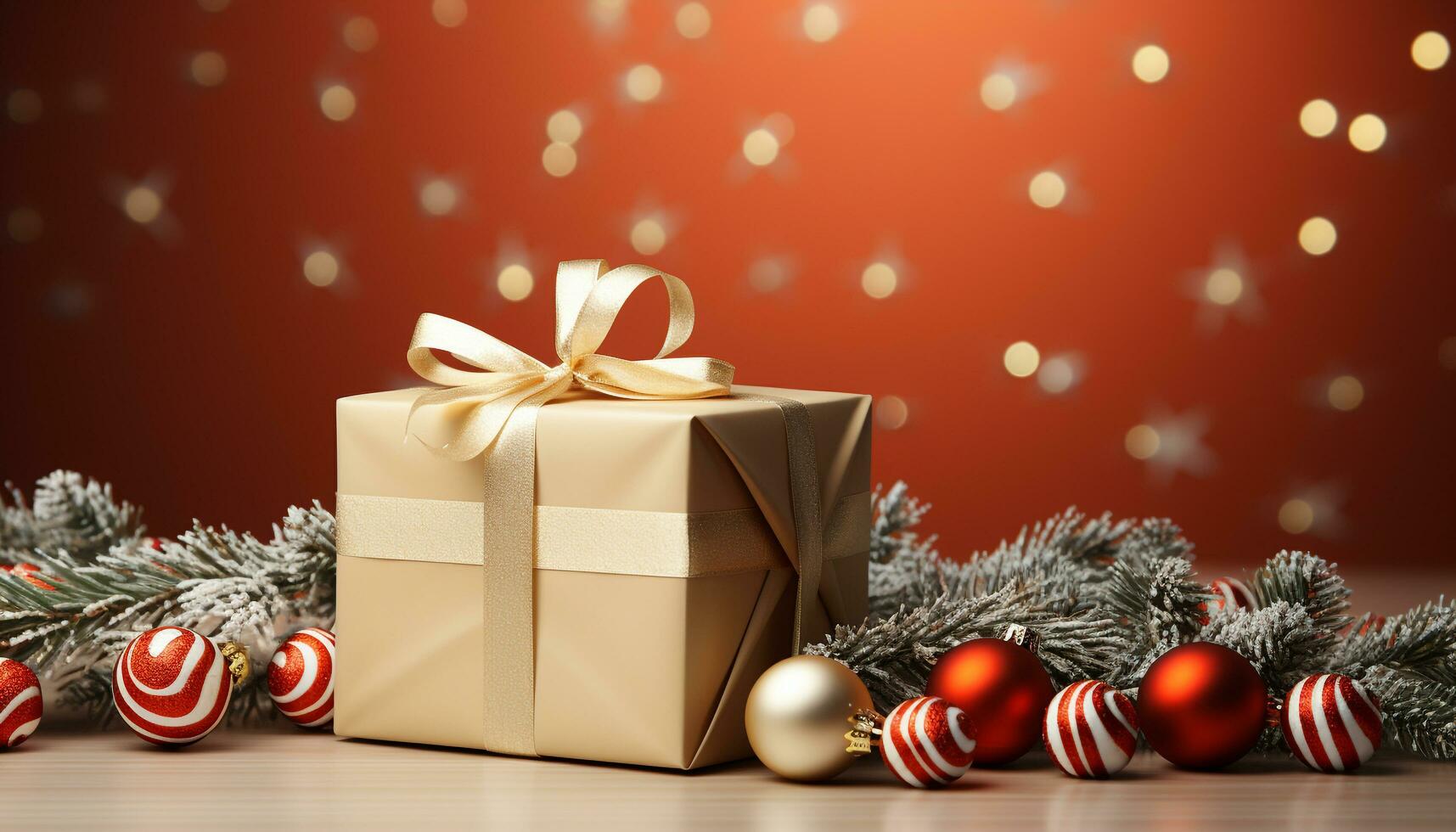 AI generated A festive gift box wrapped in gold, illuminated with Christmas lights generated by AI photo