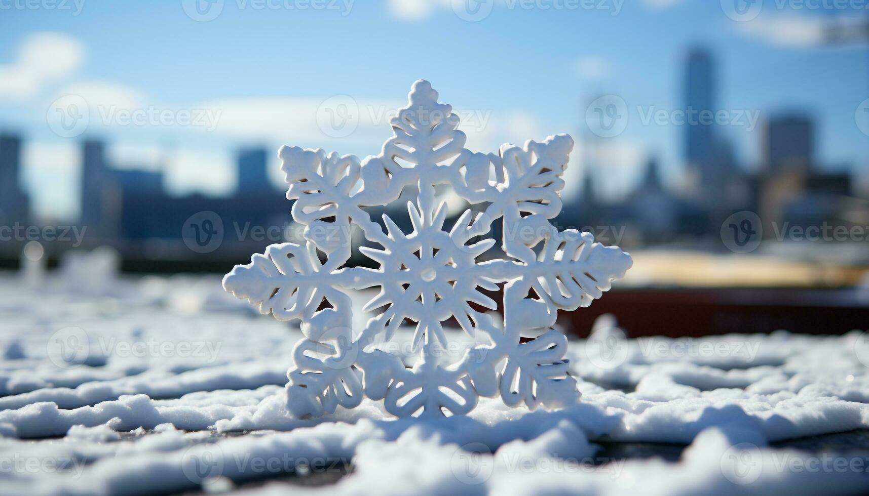AI generated Winter cityscape snowflakes decorate frozen skyscrapers, nature icy architecture generated by AI photo