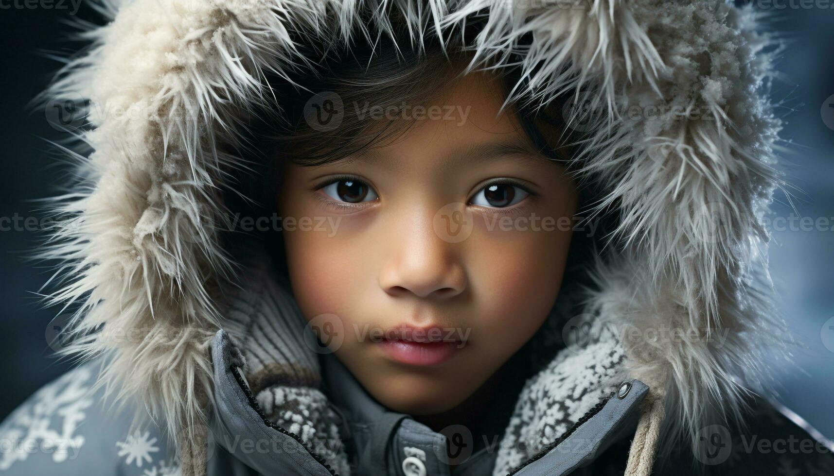 AI generated A cute child smiling, looking at camera, enjoying winter outdoors generated by AI photo