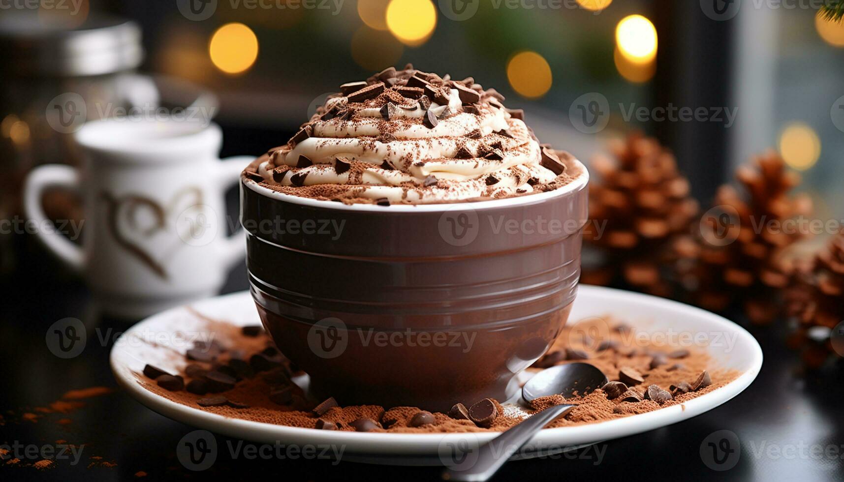 AI generated Homemade hot chocolate, a winter indulgence on rustic table generated by AI photo
