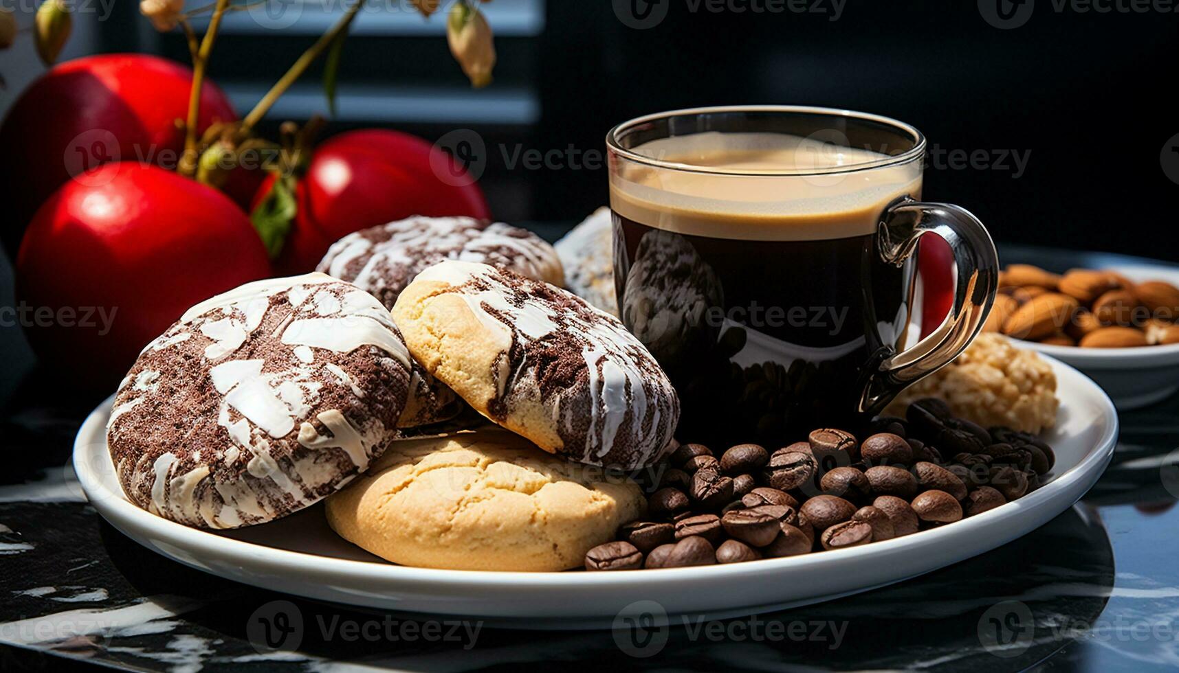 AI generated Fresh gourmet coffee on wooden table, a sweet caffeine delight generated by AI photo