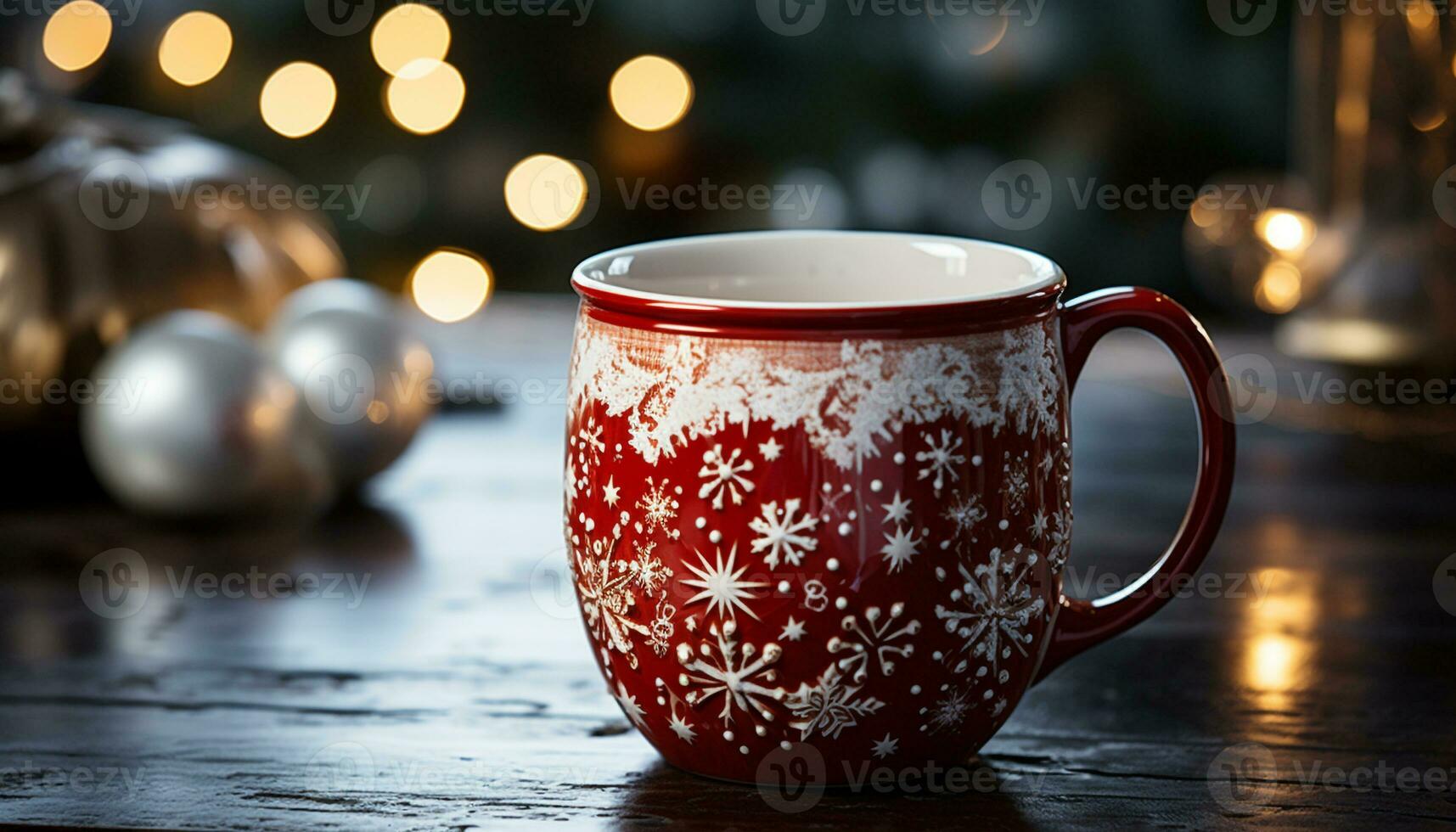 AI generated Cozy winter night hot coffee, Christmas lights, and snowflakes generated by AI photo