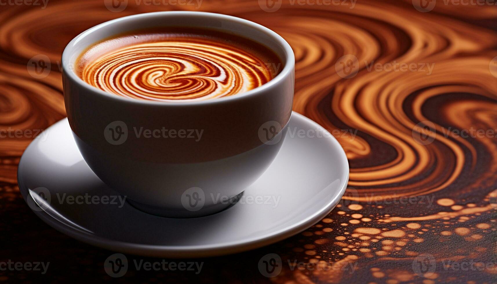 AI generated Hot coffee cup on wood table with frothy milk foam generated by AI photo