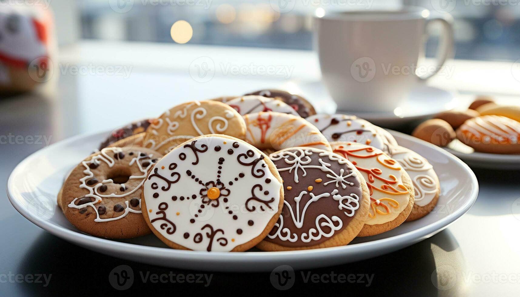 AI generated Freshly baked shortbread cookie with chocolate icing on a plate generated by AI photo