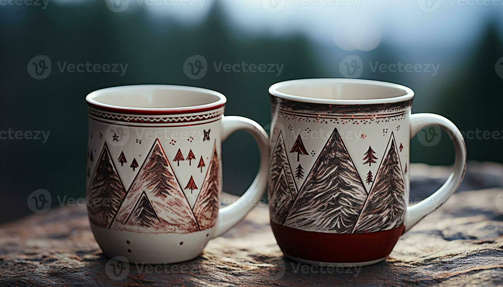 AI generated Cozy winter cabin, hot coffee, snow covered pine trees generated by AI photo