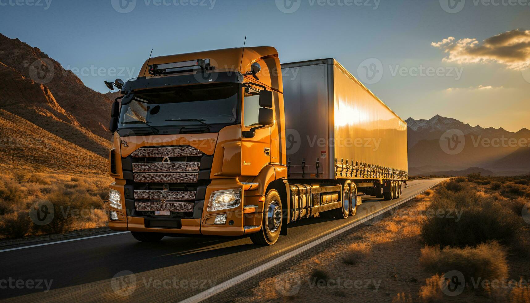 AI generated Truck delivering freight, speeding on highway, carrying heavy cargo generated by AI photo