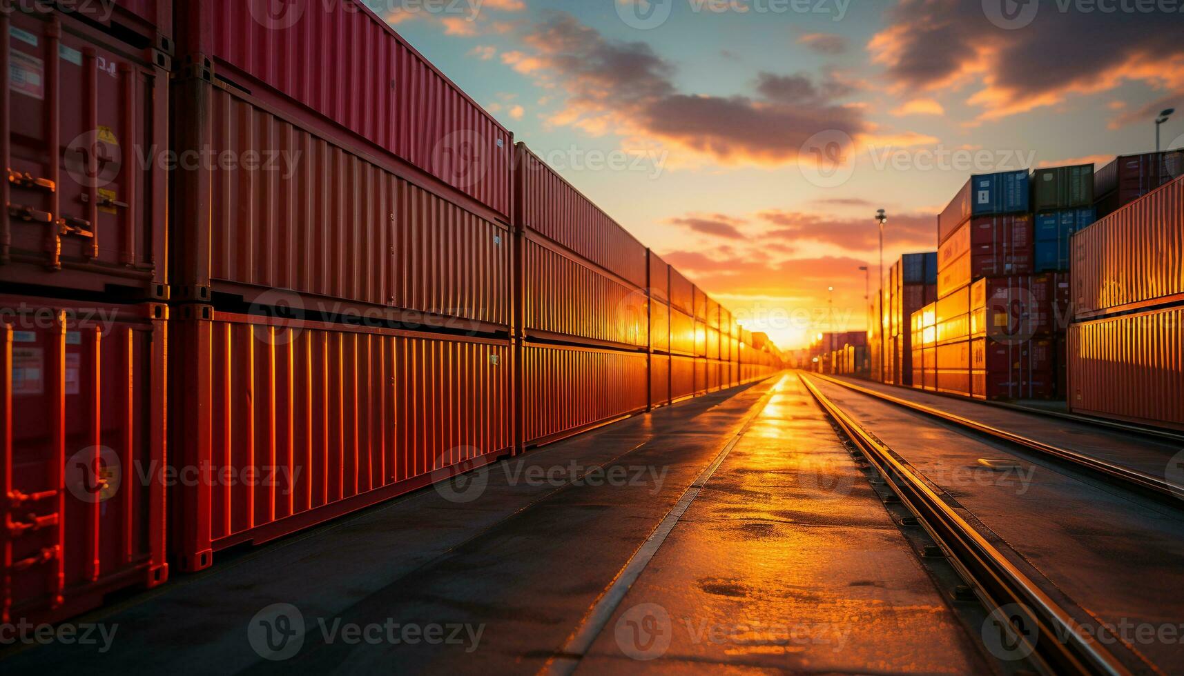 AI generated Container ship delivering freight at dusk to a commercial dock generated by AI photo