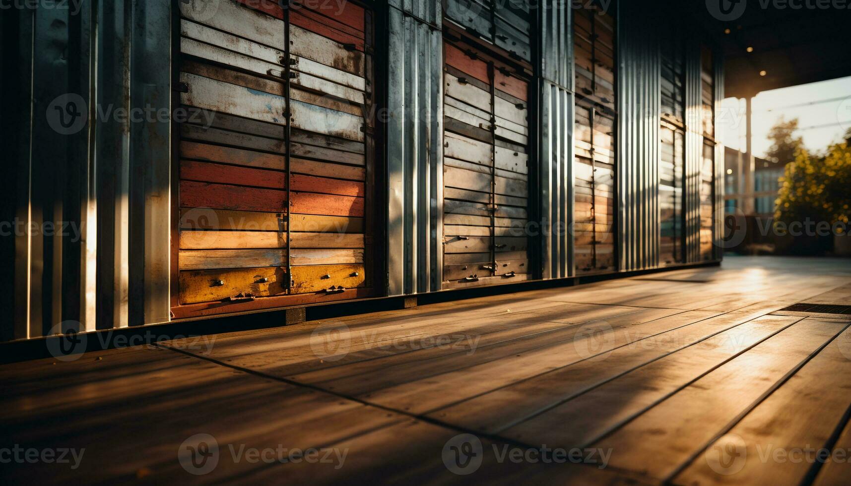 AI generated Modern warehouse with empty metal containers stacked indoors generated by AI photo