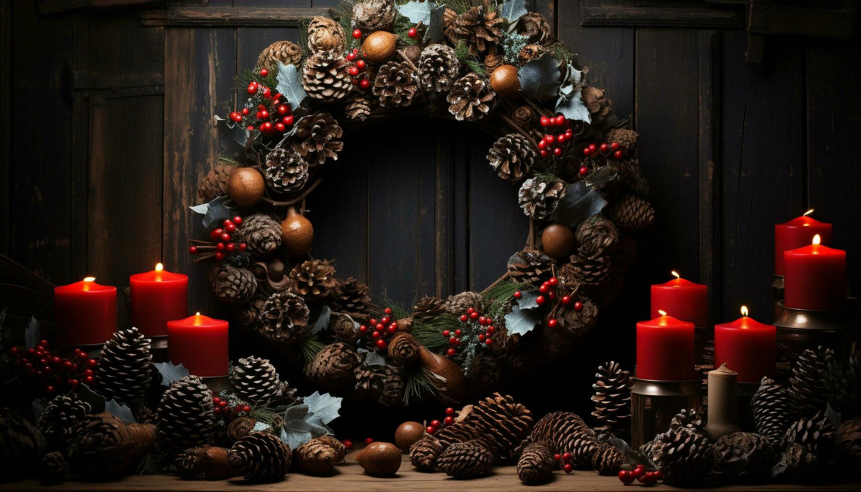 AI generated Cozy winter celebration candlelight illuminates rustic Christmas decorations indoors generated by AI photo
