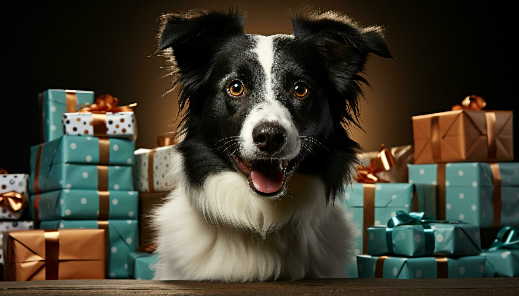 AI generated Cute puppy sitting, looking at camera, with gift box generated by AI photo