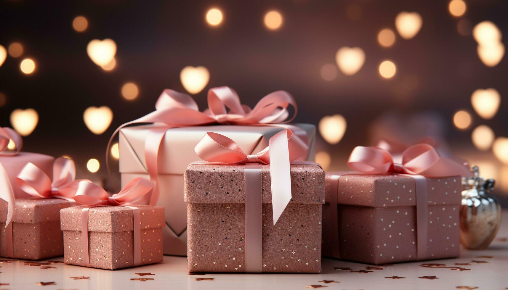 AI generated A festive celebration with love, wrapped in shiny gift boxes generated by AI photo