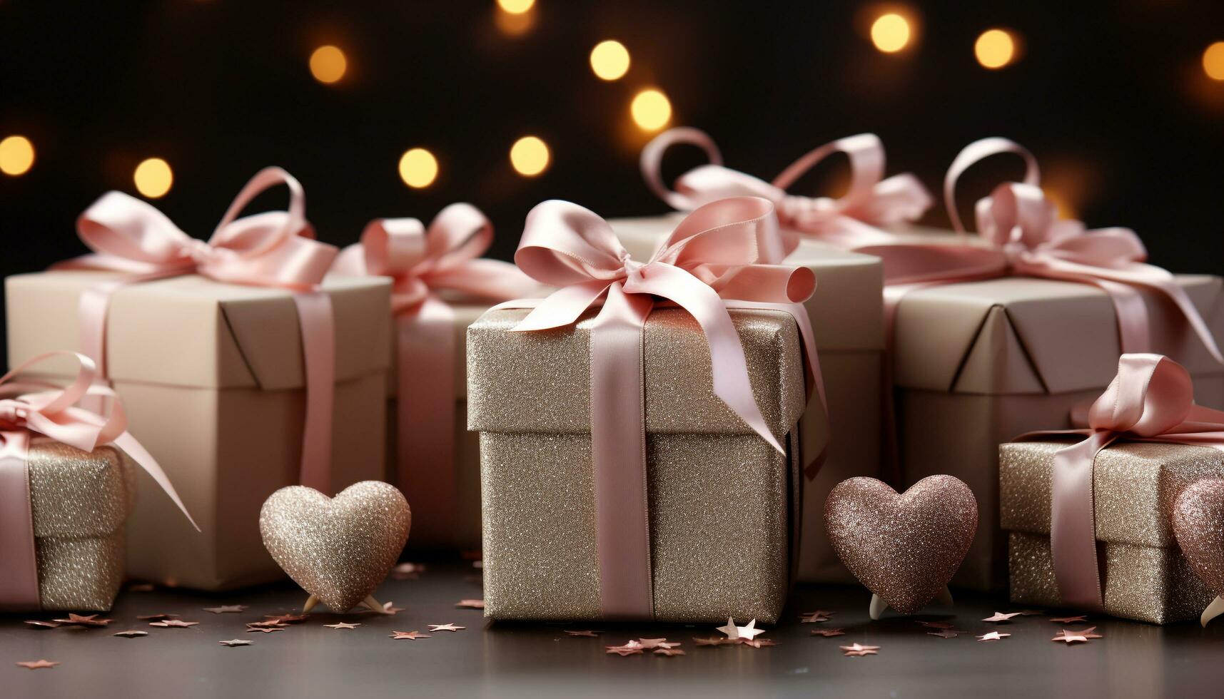 AI generated A large gift box wrapped in glitter, illuminated with love generated by AI photo