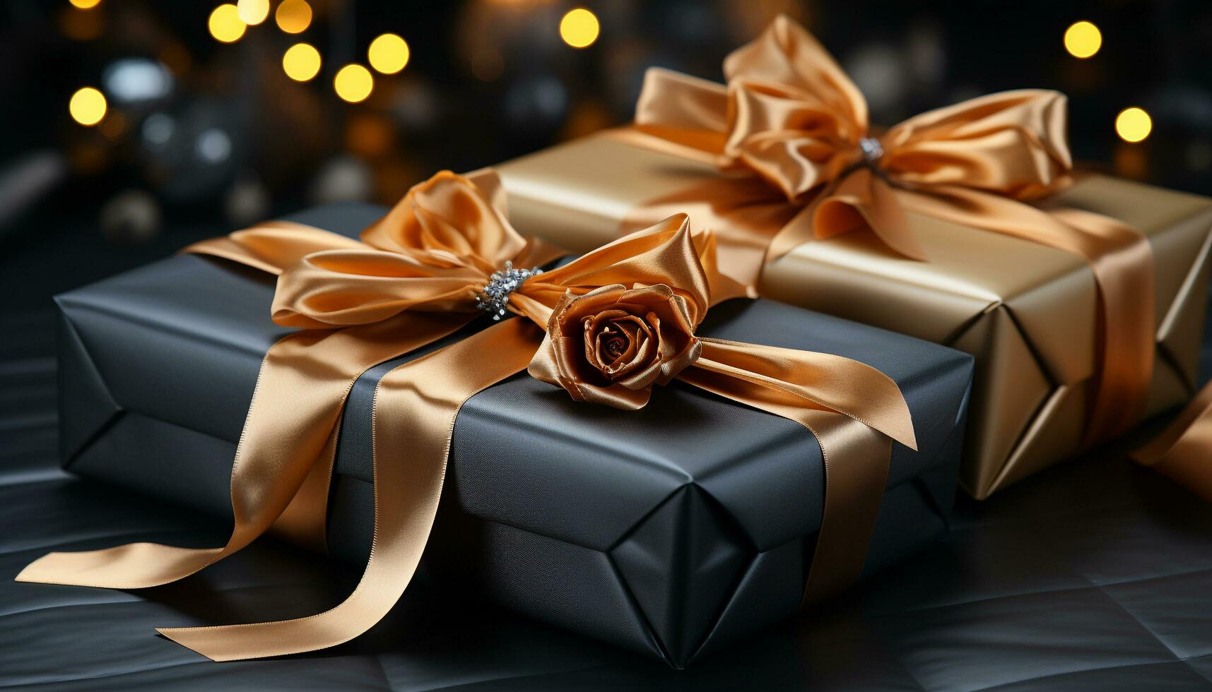 AI generated A shiny gift box wrapped in elegant gold wrapping paper generated by AI photo