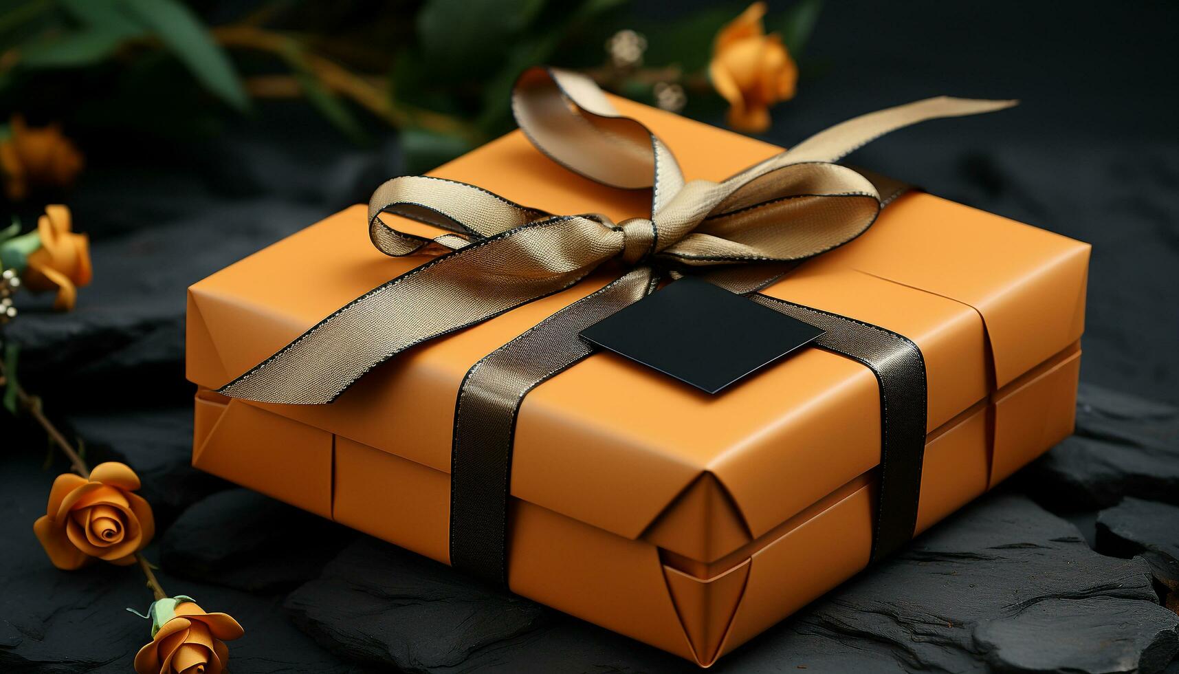 AI generated A golden gift box wrapped in shiny yellow wrapping paper generated by AI photo