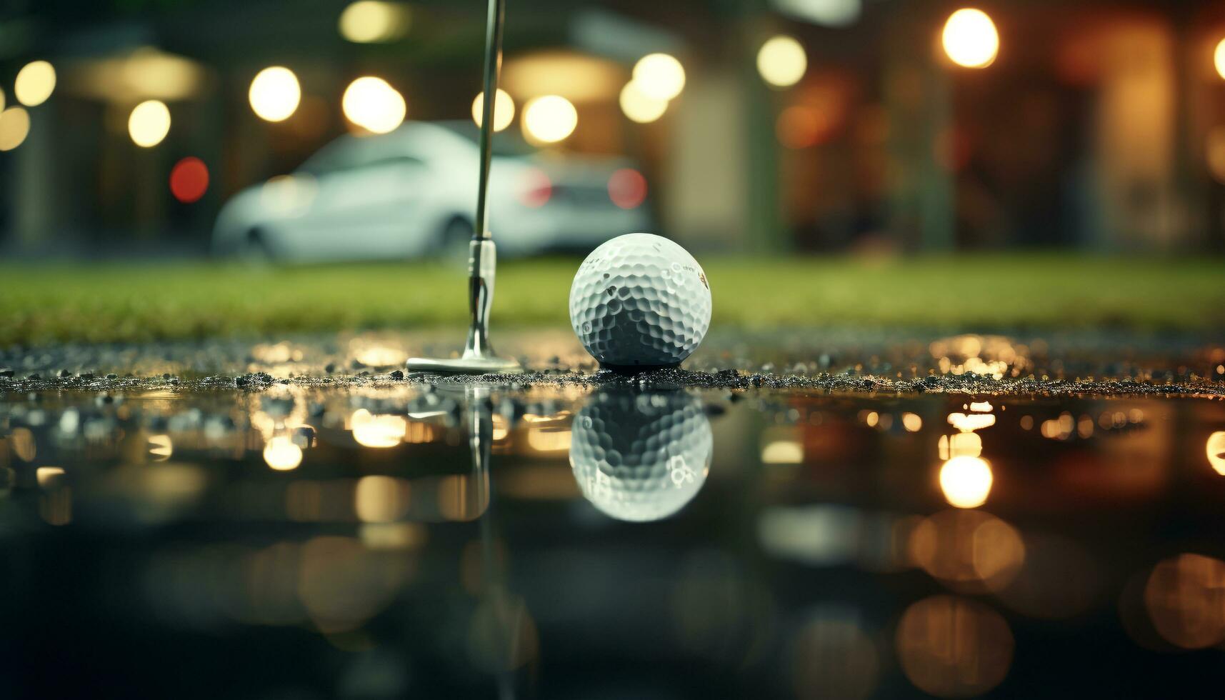 AI generated Golf ball glows on grassy tee, night game begins generated by AI photo