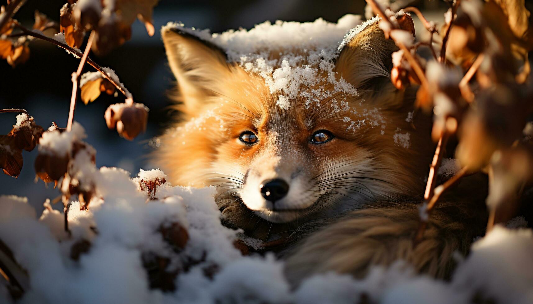 AI generated Cute puppy playing in the snow, looking at the sun generated by AI photo